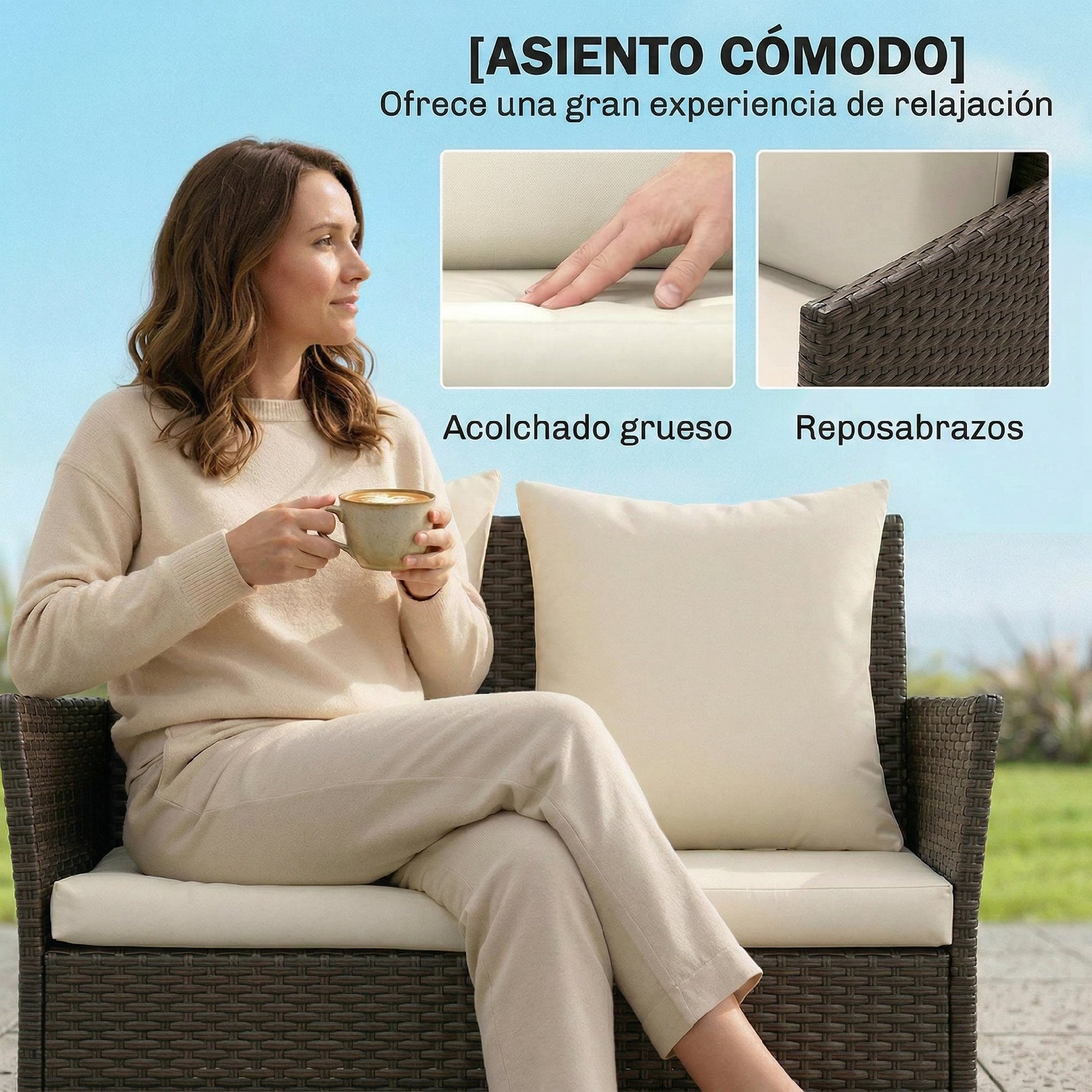 Outsunny Conjunto de Jardín Exterior de Ratán, Conjunto de Terraza con Cojines Lavables, Muebles Jardín Exterior 4 Piezas Incluye Sofá de 2 Plazas, 2 Sillas, Mesa de Centro de Vidrio Templado, Marrón