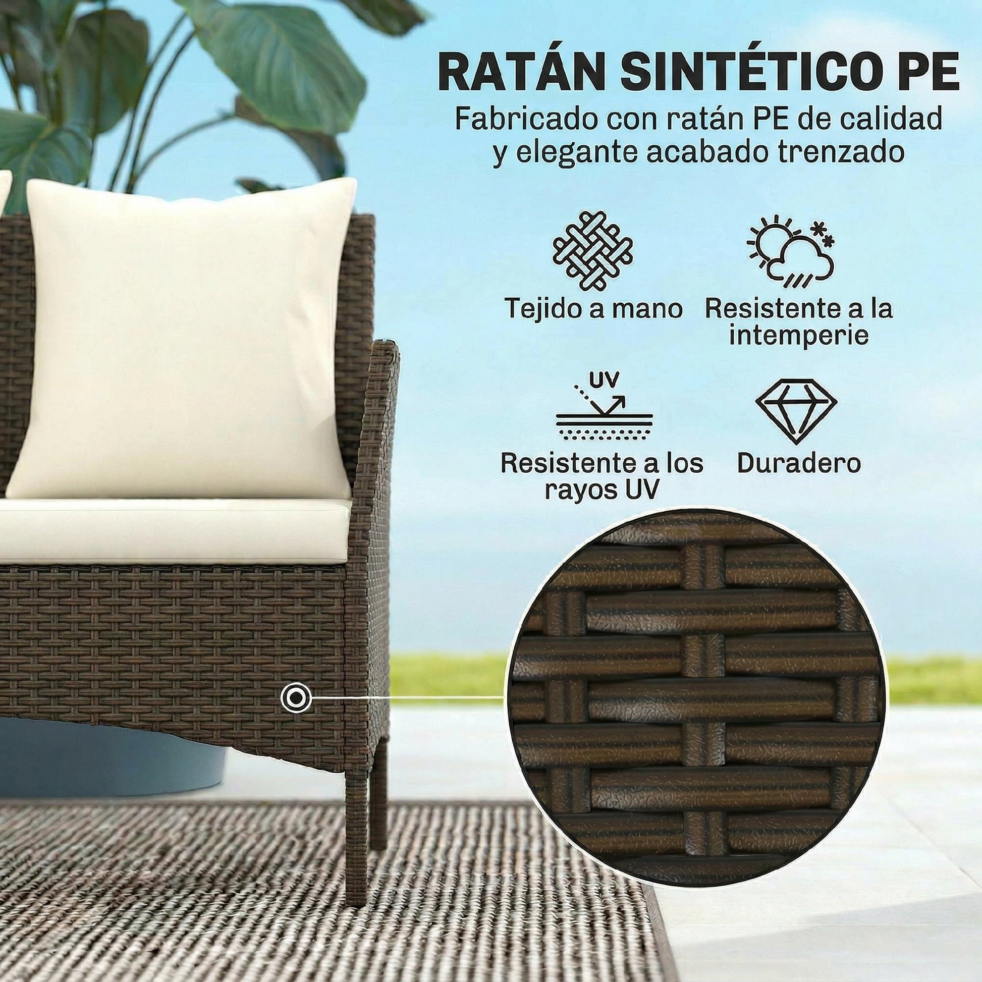 Outsunny Conjunto de Jardín Exterior de Ratán, Conjunto de Terraza con Cojines Lavables, Muebles Jardín Exterior 4 Piezas Incluye Sofá de 2 Plazas, 2 Sillas, Mesa de Centro de Vidrio Templado, Marrón