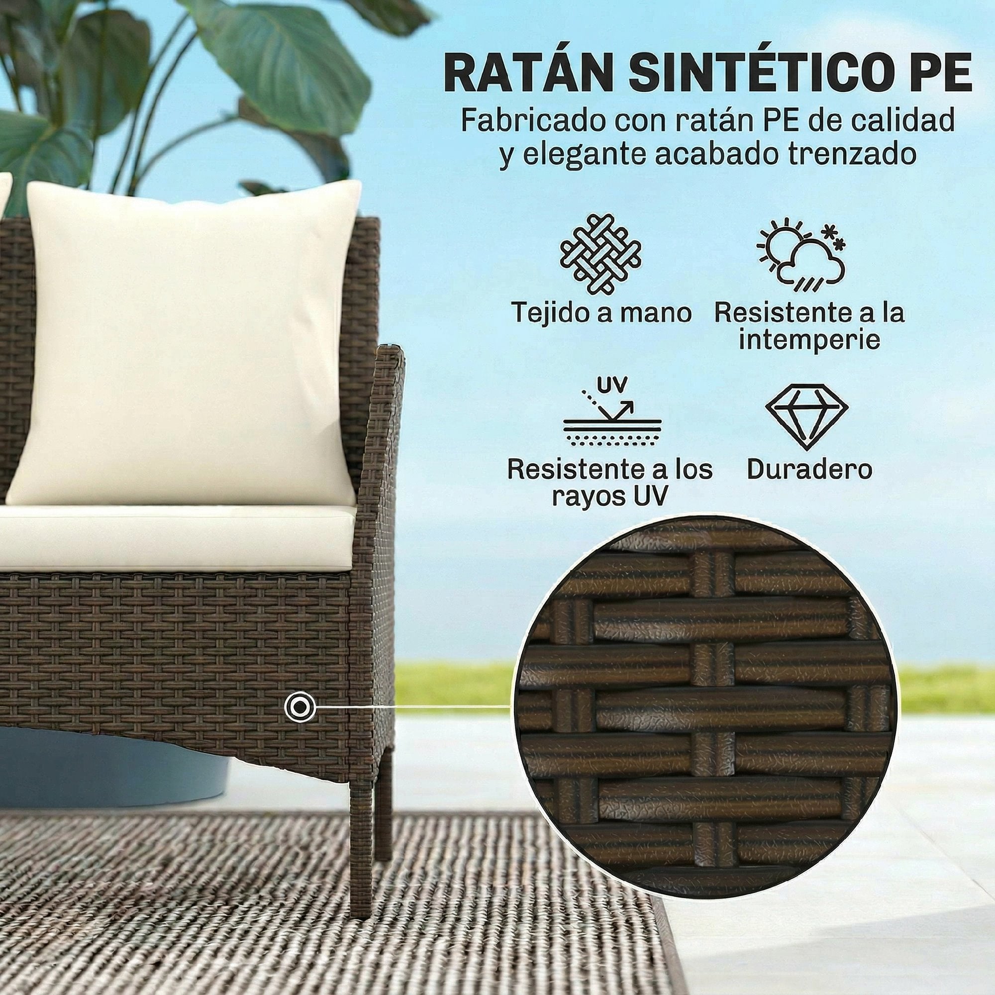 Outsunny Conjunto de Jardín Exterior de Ratán, Conjunto de Terraza con Cojines Lavables, Muebles Jardín Exterior 4 Piezas Incluye Sofá de 2 Plazas, 2 Sillas, Mesa de Centro de Vidrio Templado, Marrón