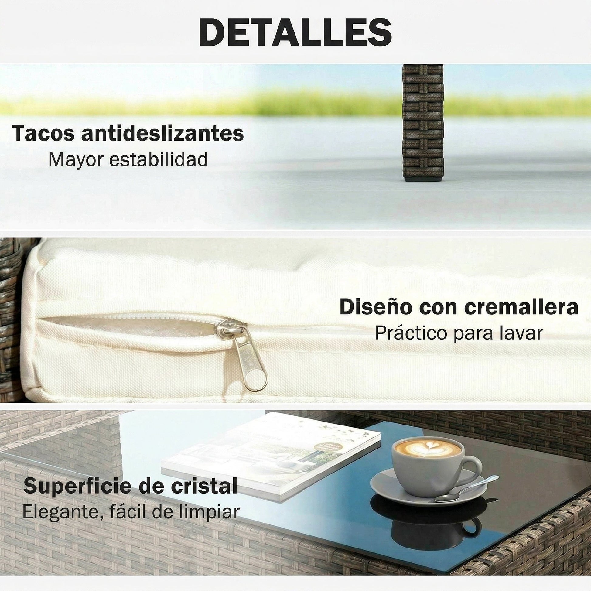 Outsunny Conjunto de Jardín Exterior de Ratán, Conjunto de Terraza con Cojines Lavables, Muebles Jardín Exterior 4 Piezas Incluye Sofá de 2 Plazas, 2 Sillas, Mesa de Centro de Vidrio Templado, Marrón