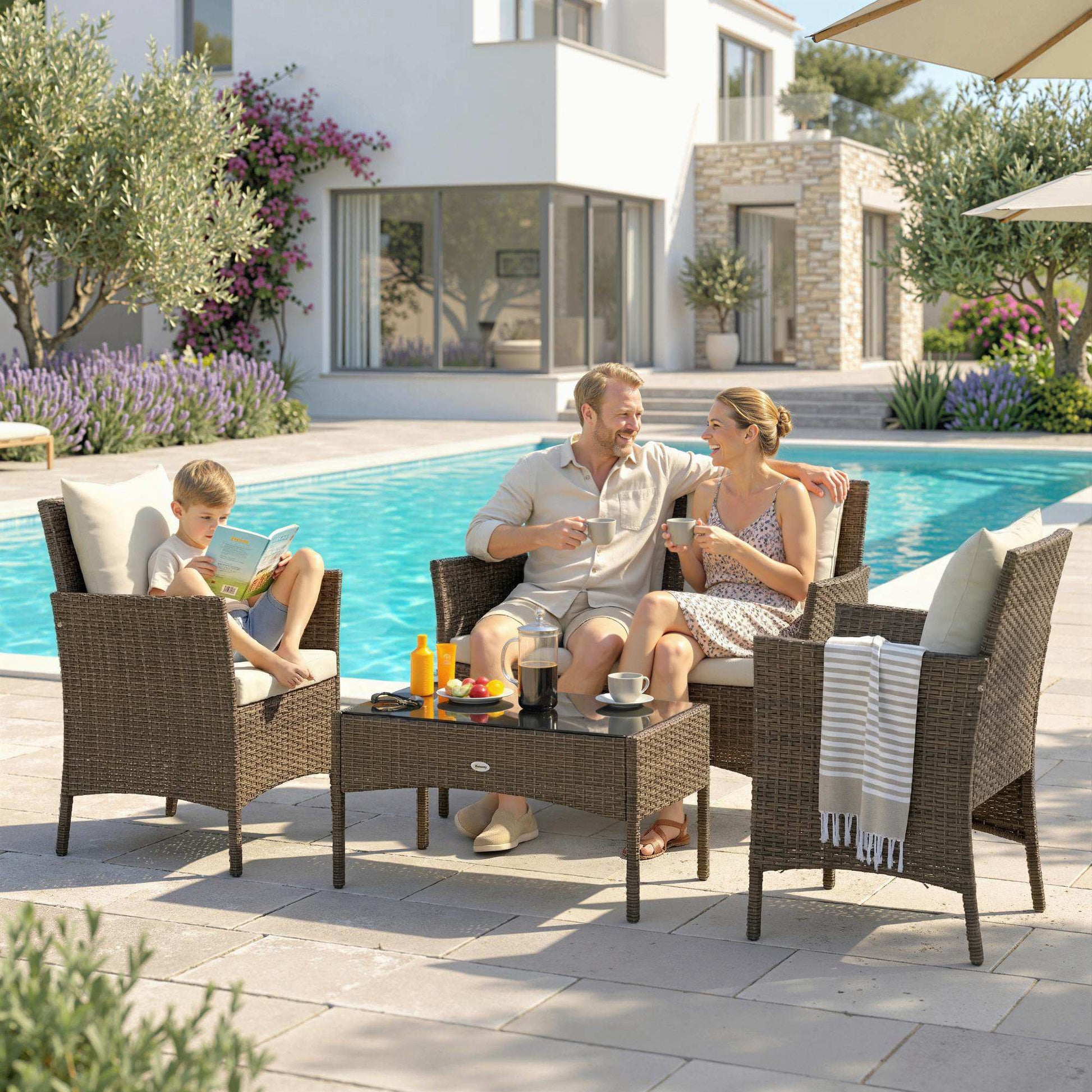 Outsunny Conjunto de Jardín Exterior de Ratán, Conjunto de Terraza con Cojines Lavables, Muebles Jardín Exterior 4 Piezas Incluye Sofá de 2 Plazas, 2 Sillas, Mesa de Centro de Vidrio Templado, Marrón
