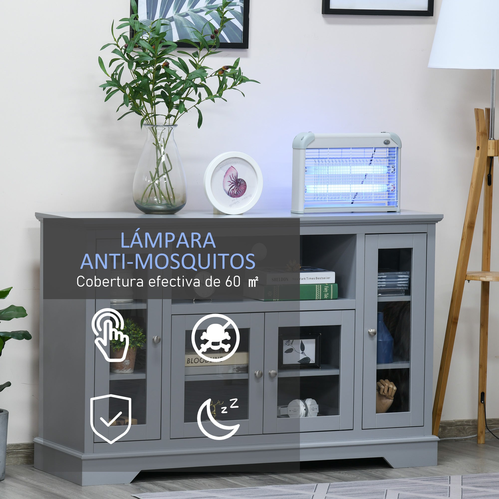 Outsunny Lámpara Antimosquitos Eléctrico 30W Mata Moscas Eléctrico Interior con Luz UV Efecto 60 m² para Jardín Terraza Patio 48,5x8,5x26,5 cm Gris