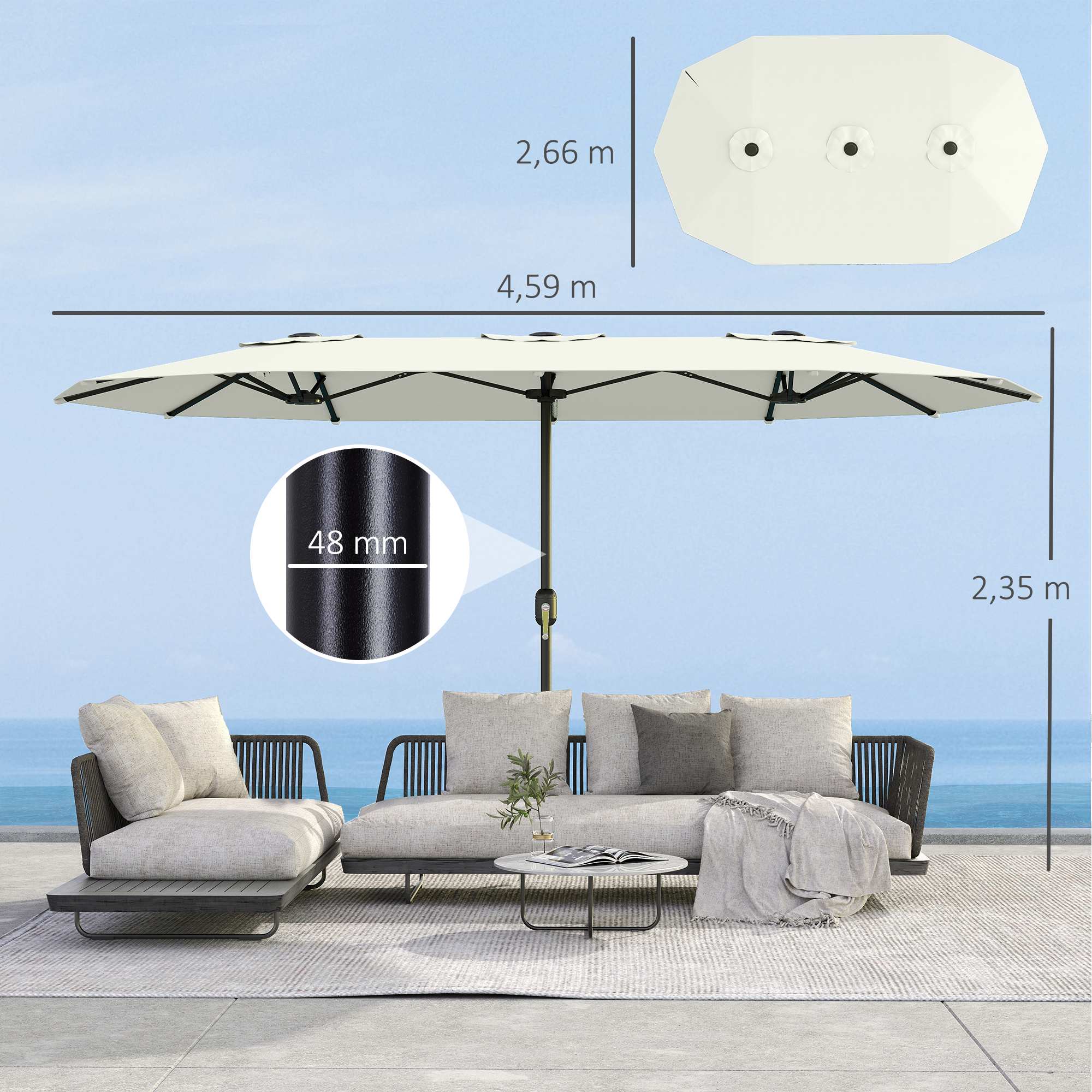 Outsunny Sombrilla Doble 4,6x2,6 m, Sombrilla Terraza Exterior con Manivela Manual, Protección UV50+, Funda Protectora, Resistente al Agua, Parasol para Jardín, Terraza, Patio, Blanco Crema