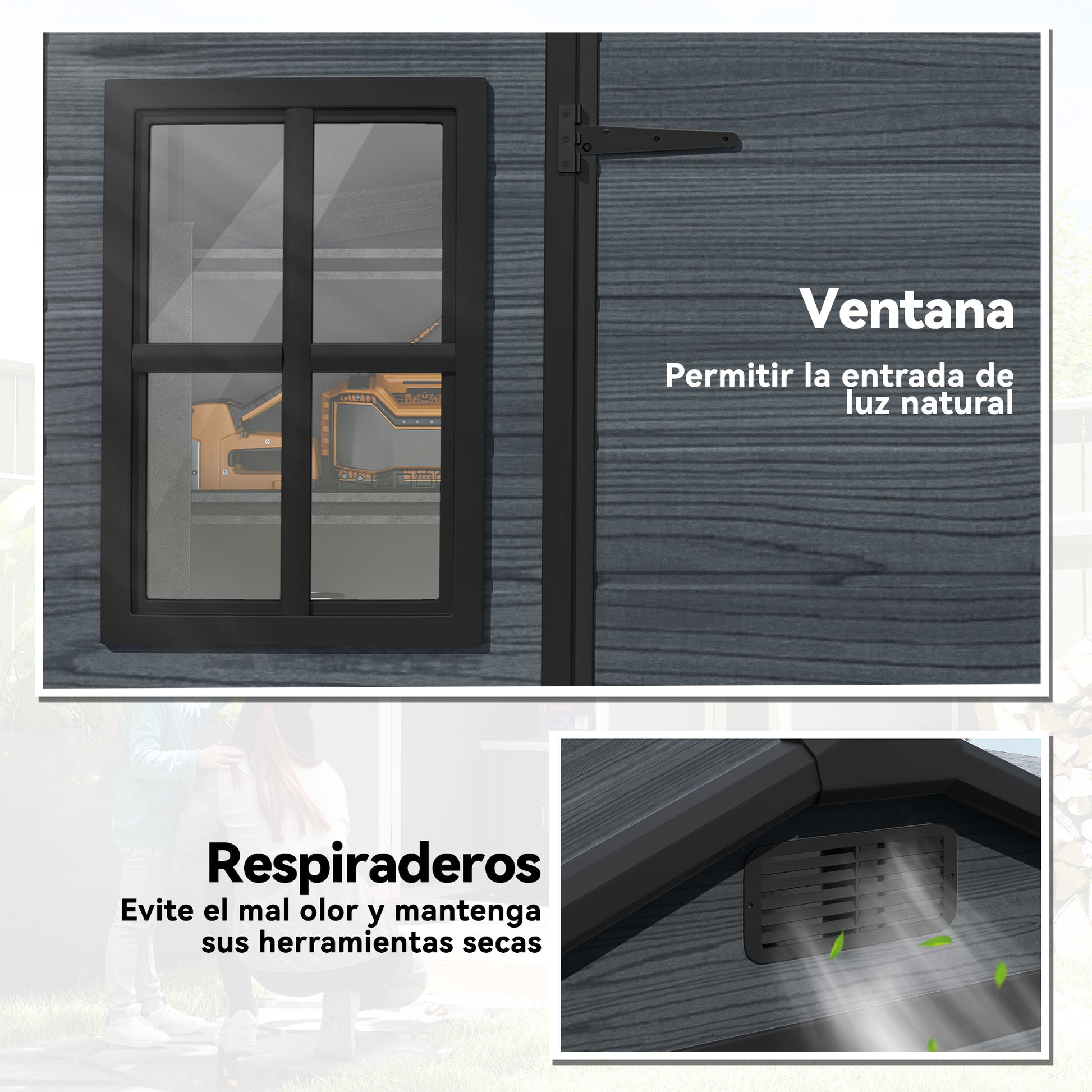 Outsunny Caseta de Jardín Exterior 2,77 m², 244x131x201 cm, Cobertizo de Jardín Exterior de Plástico con Suelo, Puertas con Pestillo, Ventanas y Ventilación para Almacenaje Herramientas, Gris Oscuro