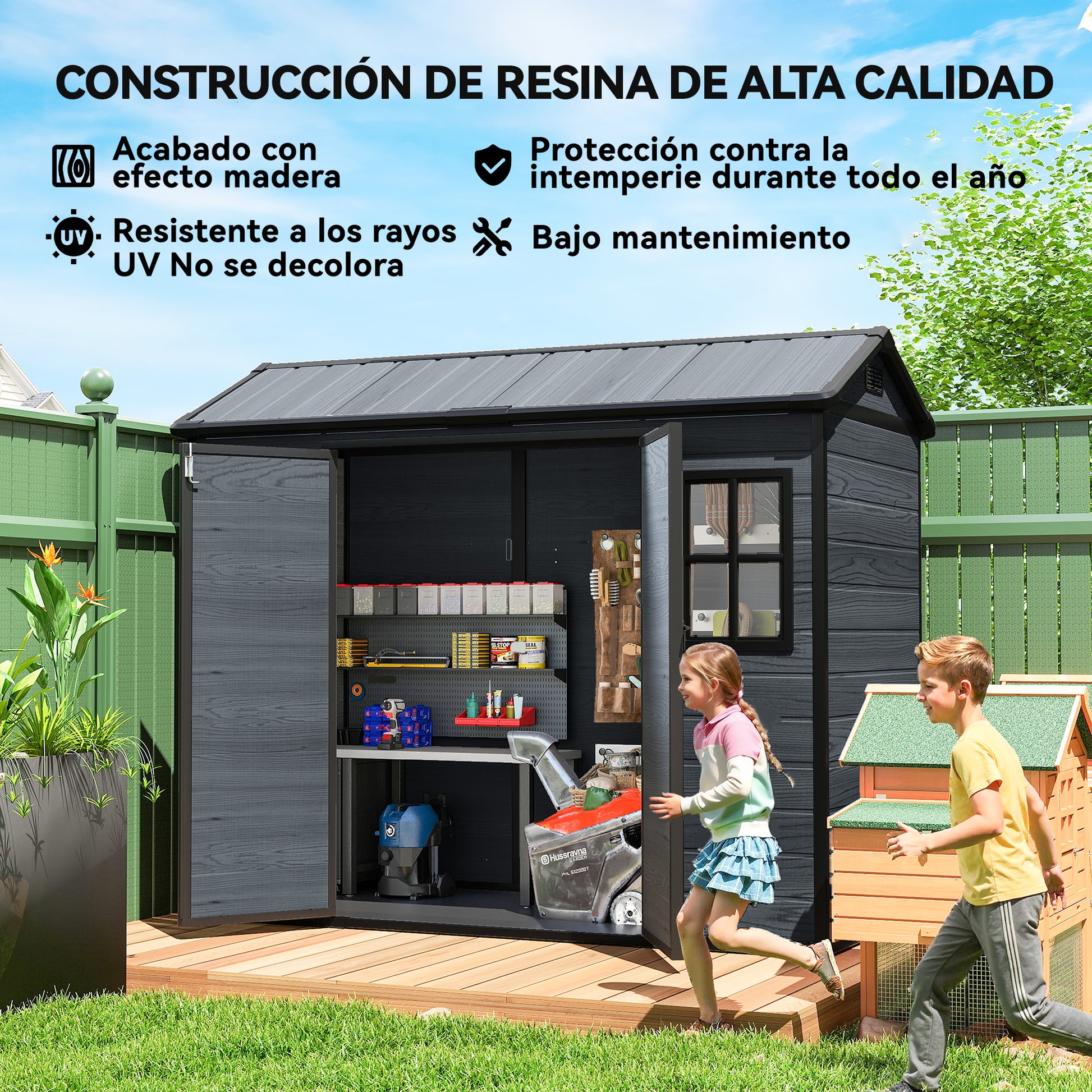 Outsunny Caseta de Jardín Exterior 2,77 m², 244x131x201 cm, Cobertizo de Jardín Exterior de Plástico con Suelo, Puertas con Pestillo, Ventanas y Ventilación para Almacenaje Herramientas, Gris Oscuro