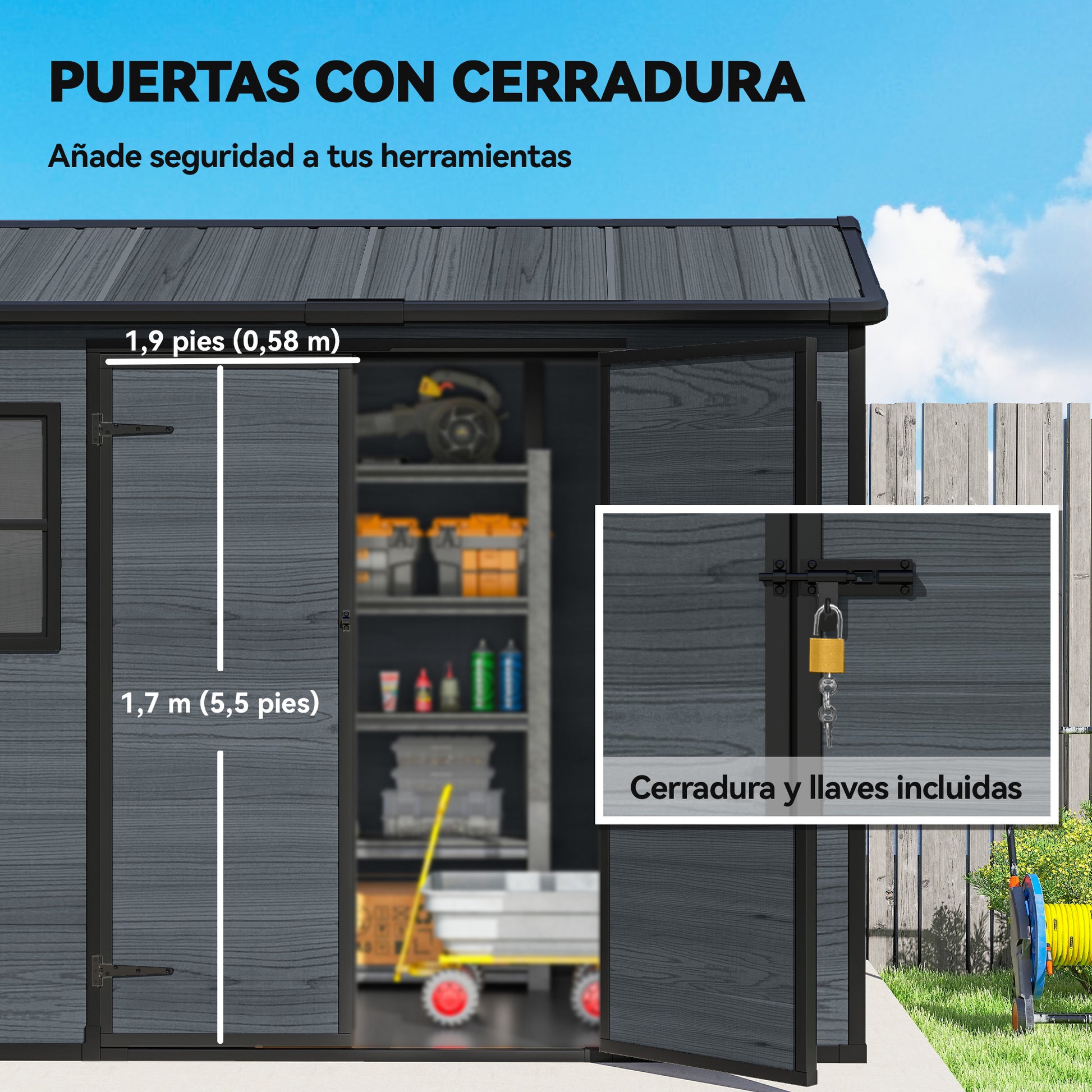 Outsunny Caseta de Jardín Exterior 2,77 m², 244x131x201 cm, Cobertizo de Jardín Exterior de Plástico con Suelo, Puertas con Pestillo, Ventanas y Ventilación para Almacenaje Herramientas, Gris Oscuro
