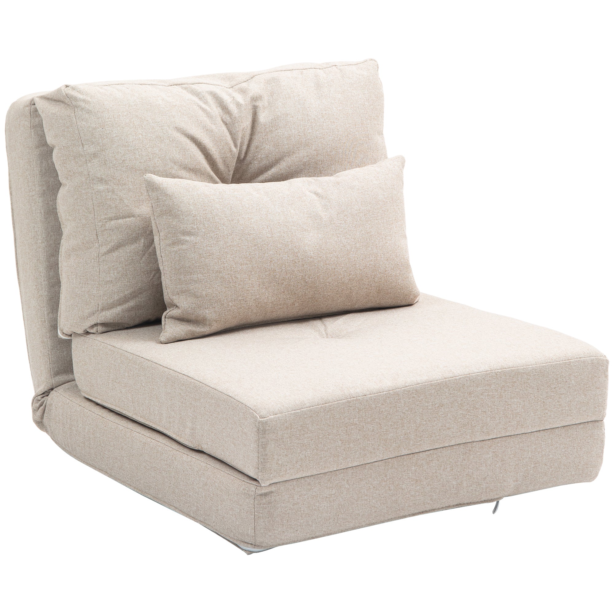 HOMCOM Sofá Cama Individual Plegable 3 en 1, Sofá Cama, Tapizado en Lino, con Respaldo Ajustable 5 Posiciones, Almohadas, Marco Metálico, para Dormitorio, Salón, Beige