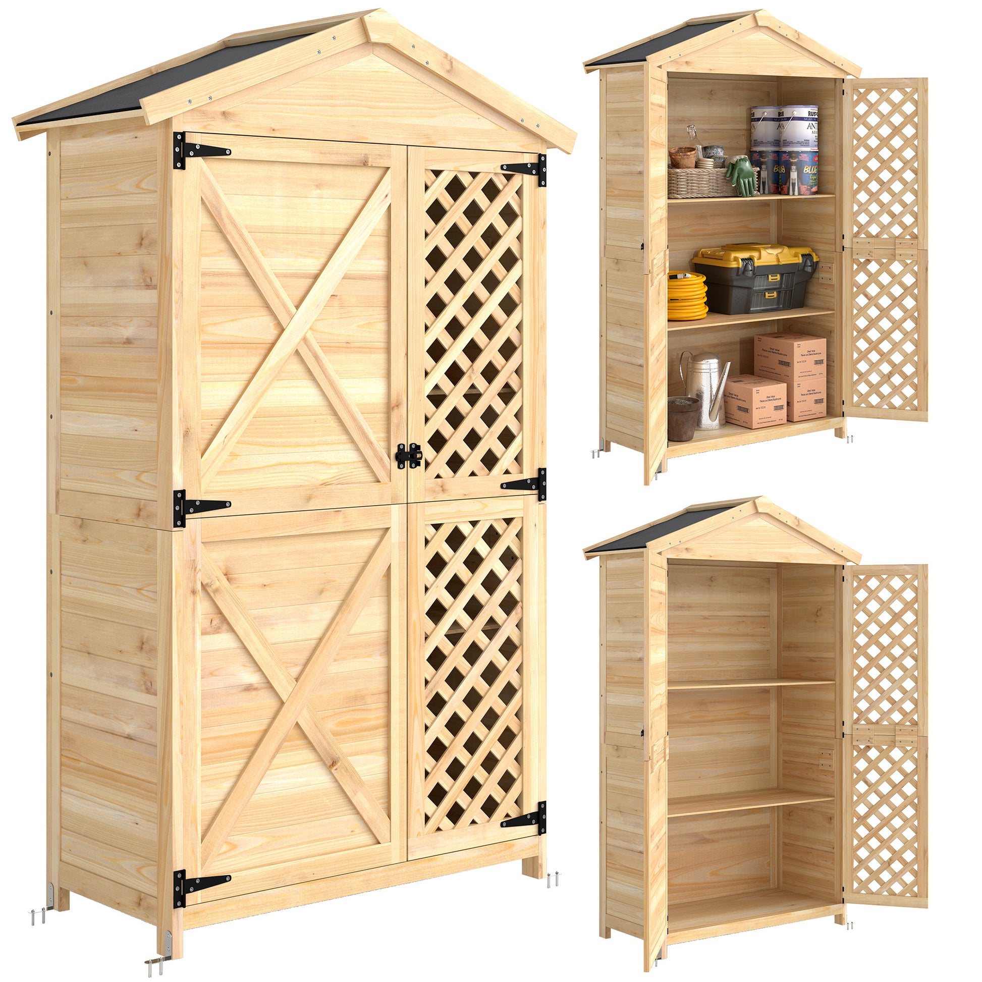 Outsunny Armario de Exterior de Madera Caseta Jardín Exterior con Techo de Asfalto 2 Puertas Ventiladas con Pestillo 2 Estantes Extraíbles Cobertizo de Jardín para Almacenaje Herramientas Natural