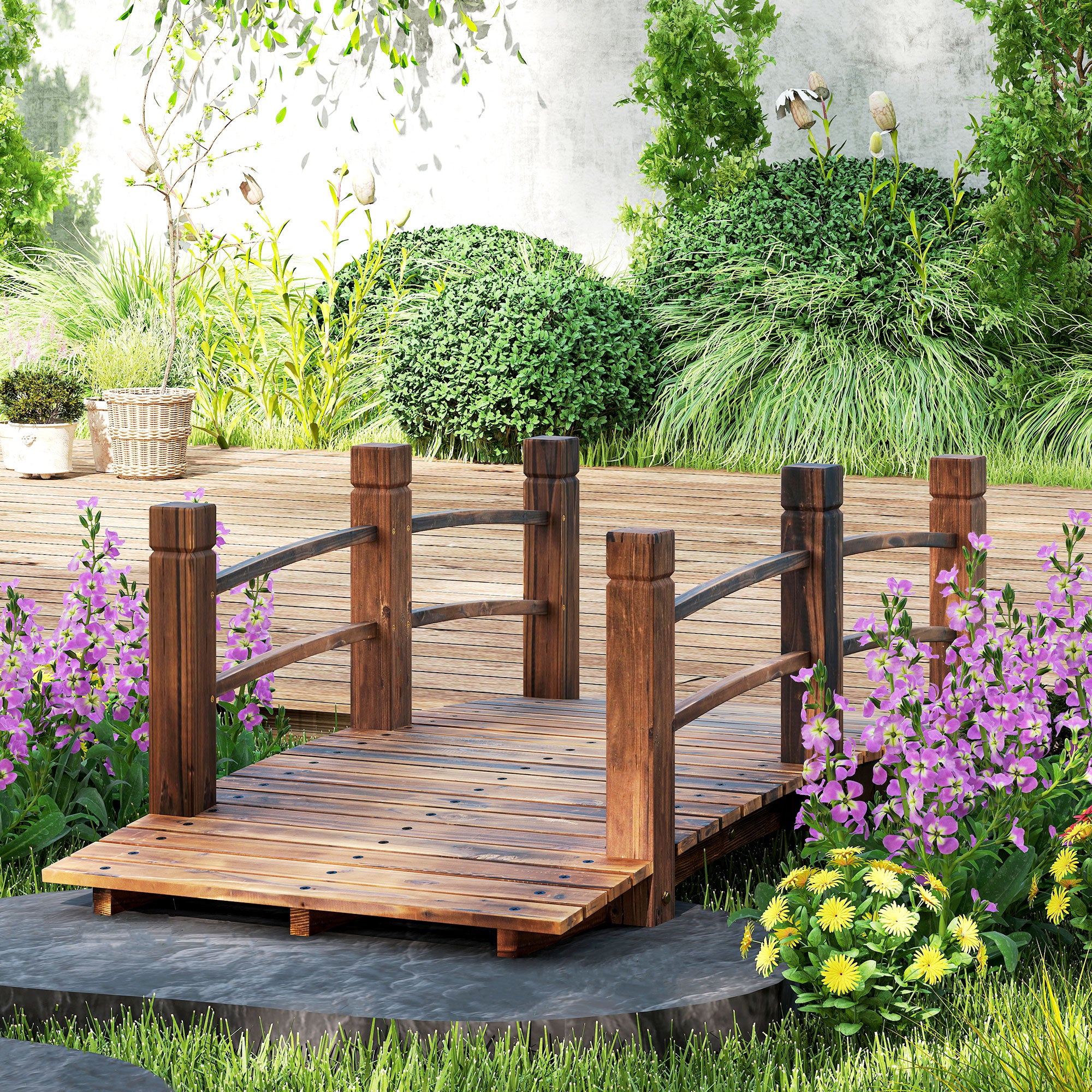 Outsunny Puente de Jardín Puente de Madera con Barandilla Puente para Estanque Carga 181 kg Puente Decorativo para Patio 152,5x67x48 cm Madera Carbonizada