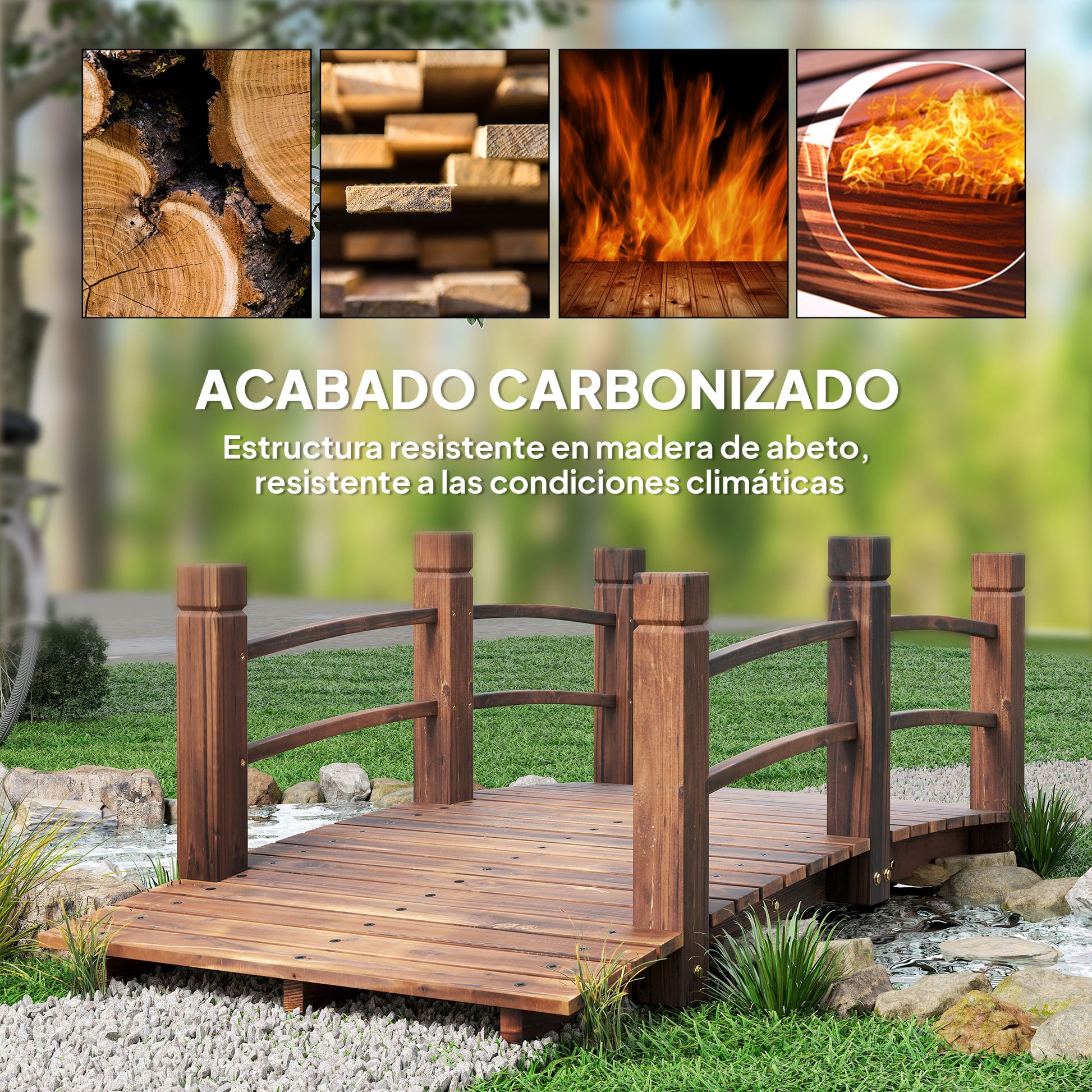 Outsunny Puente de Jardín Puente de Madera con Barandilla Puente para Estanque Carga 181 kg Puente Decorativo para Patio 152,5x67x48 cm Madera Carbonizada