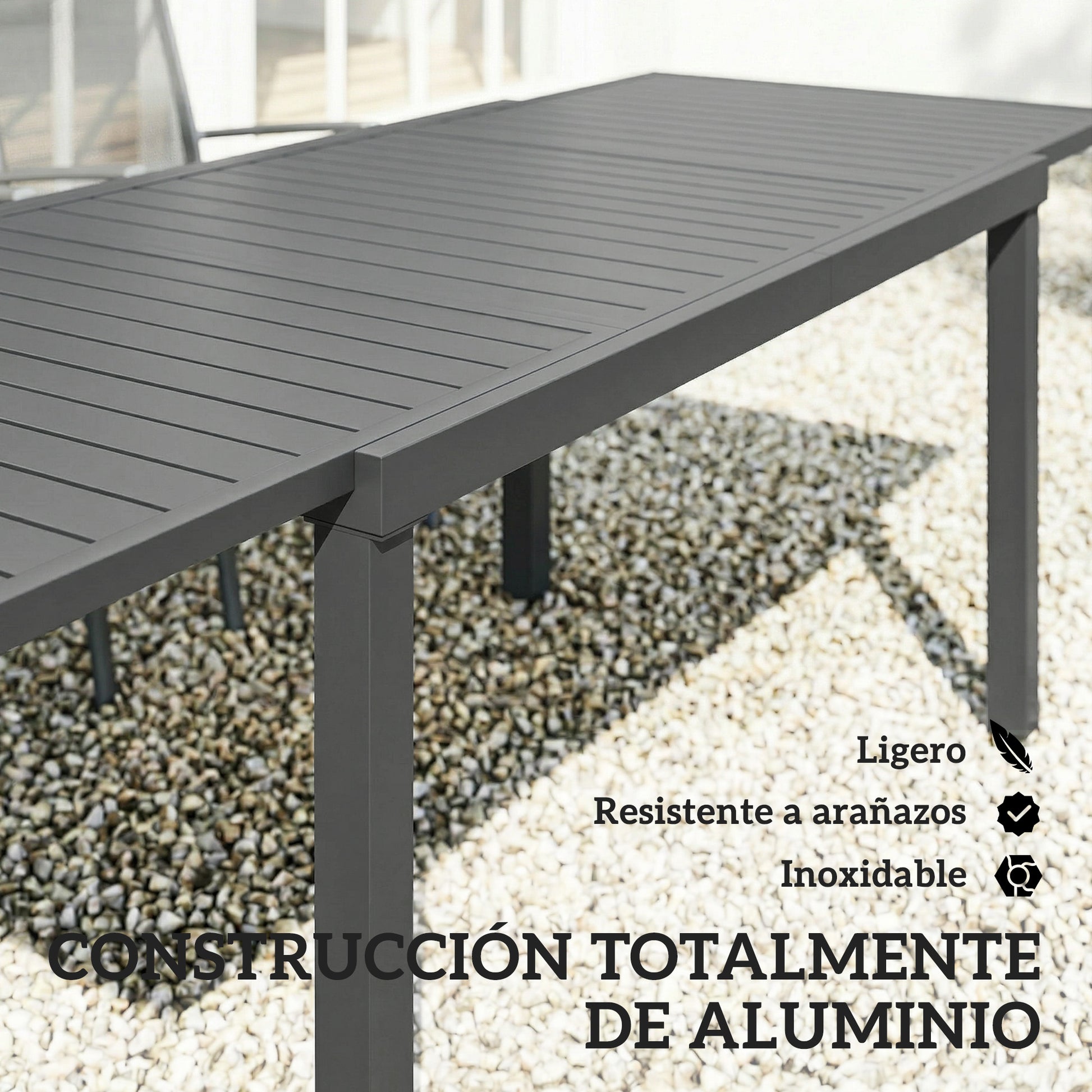 Outsunny Mesa de Jardín Extensible 150/225x85x75 cm, Mesa de Comedor Exterior Extensible Rectangular de Aluminio, con Tablero de Listones para 6-8 Personas, para Patio, Terraza, Gris Oscuro
