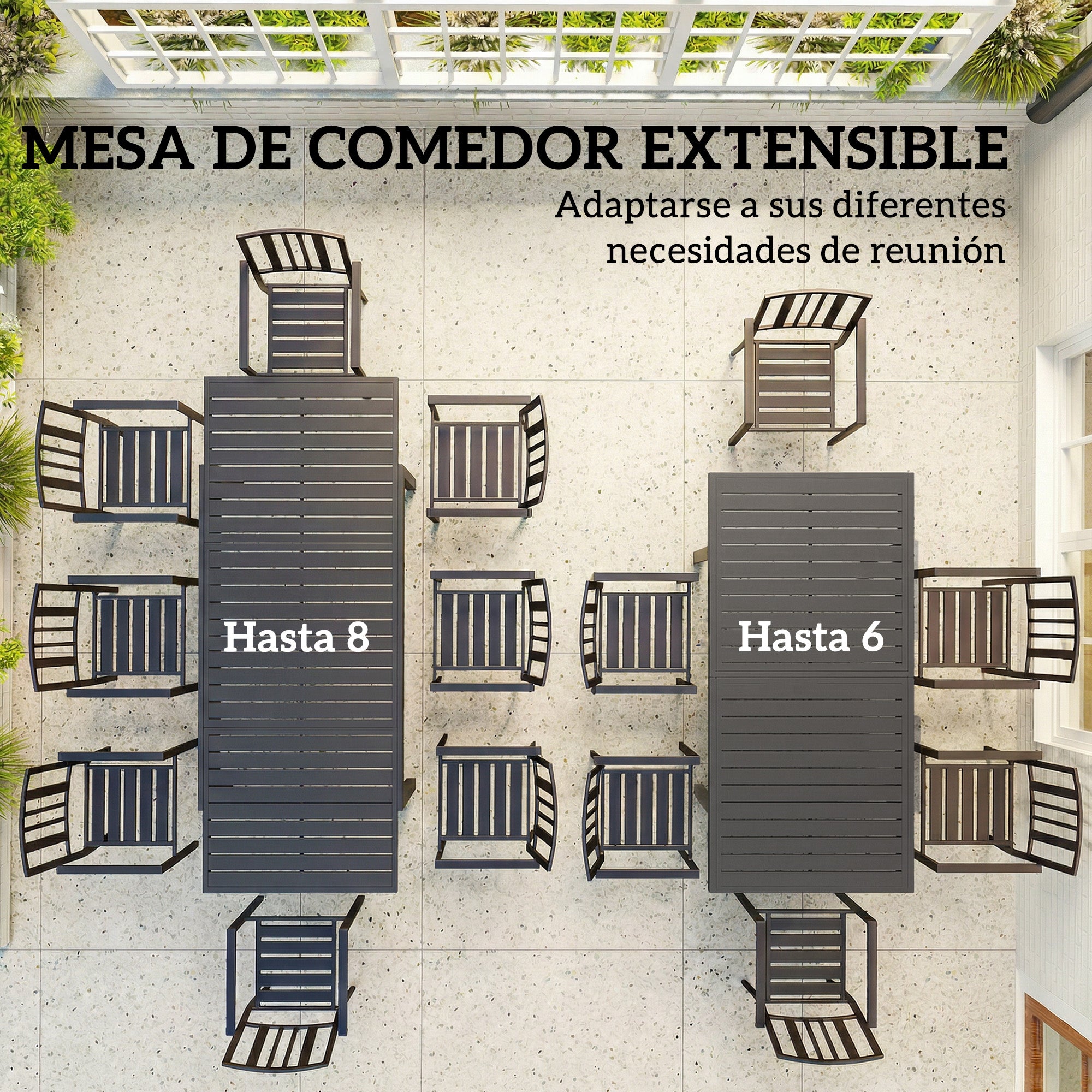 Outsunny Mesa de Jardín Extensible 150/225x85x75 cm, Mesa de Comedor Exterior Extensible Rectangular de Aluminio, con Tablero de Listones para 6-8 Personas, para Patio, Terraza, Gris Oscuro