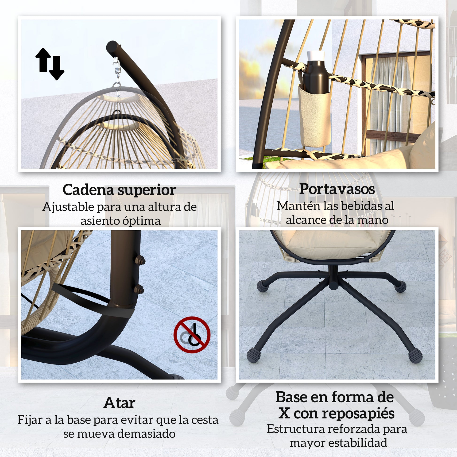 Outsunny Silla Colgante Huevo con Soporte Columpio Jardín Exterior con Cesta Plegable Cojín y Reposacabezas Portavaso Columpio Colgante para Interior y Exterior Carga 120 kg Caqui