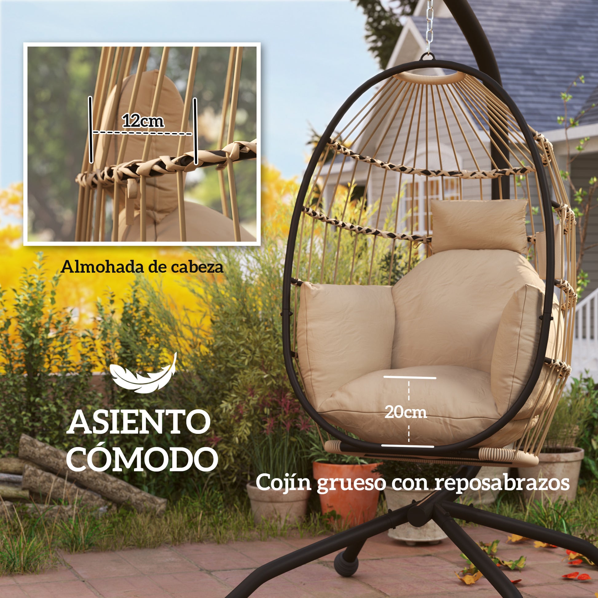 Outsunny Silla Colgante Huevo con Soporte Columpio Jardín Exterior con Cesta Plegable Cojín y Reposacabezas Portavaso Columpio Colgante para Interior y Exterior Carga 120 kg Caqui