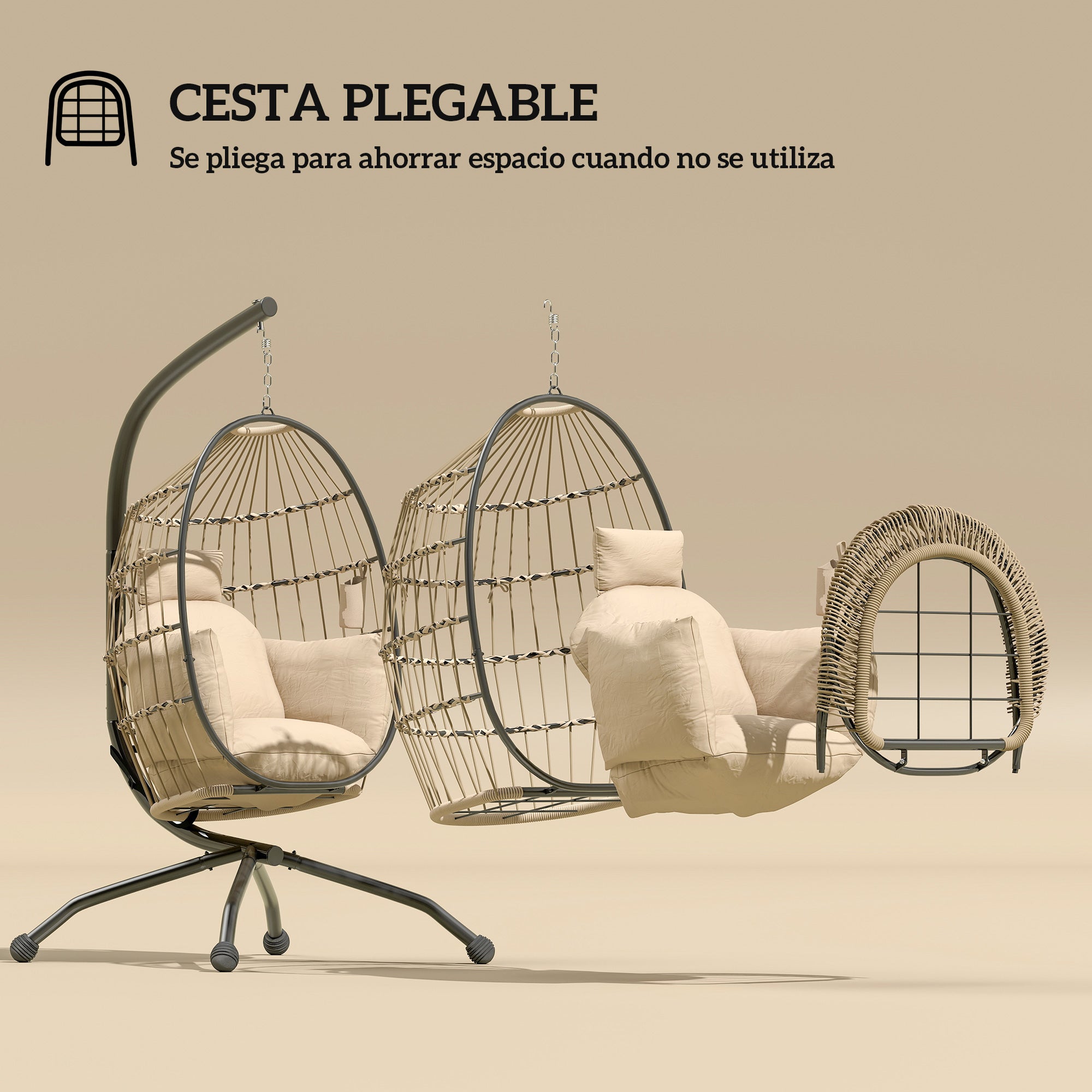 Outsunny Silla Colgante Huevo con Soporte Columpio Jardín Exterior con Cesta Plegable Cojín y Reposacabezas Portavaso Columpio Colgante para Interior y Exterior Carga 120 kg Caqui