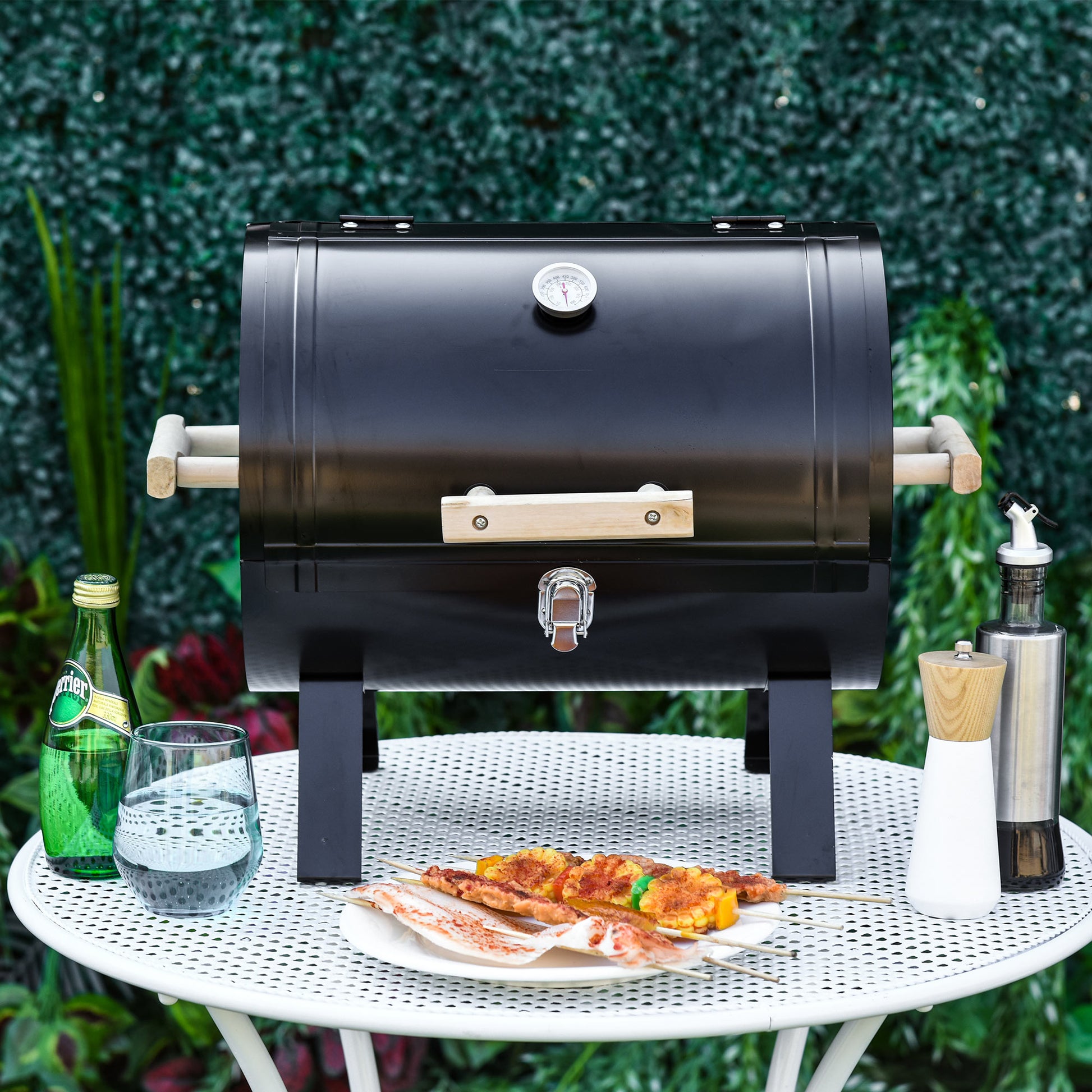 Outsunny Barbacoa de Carbón de Sobremesa Parilla de Barbacoa Compacta con Termómetro y Asas para Jardín BBQ 50x35x39 cm Negro