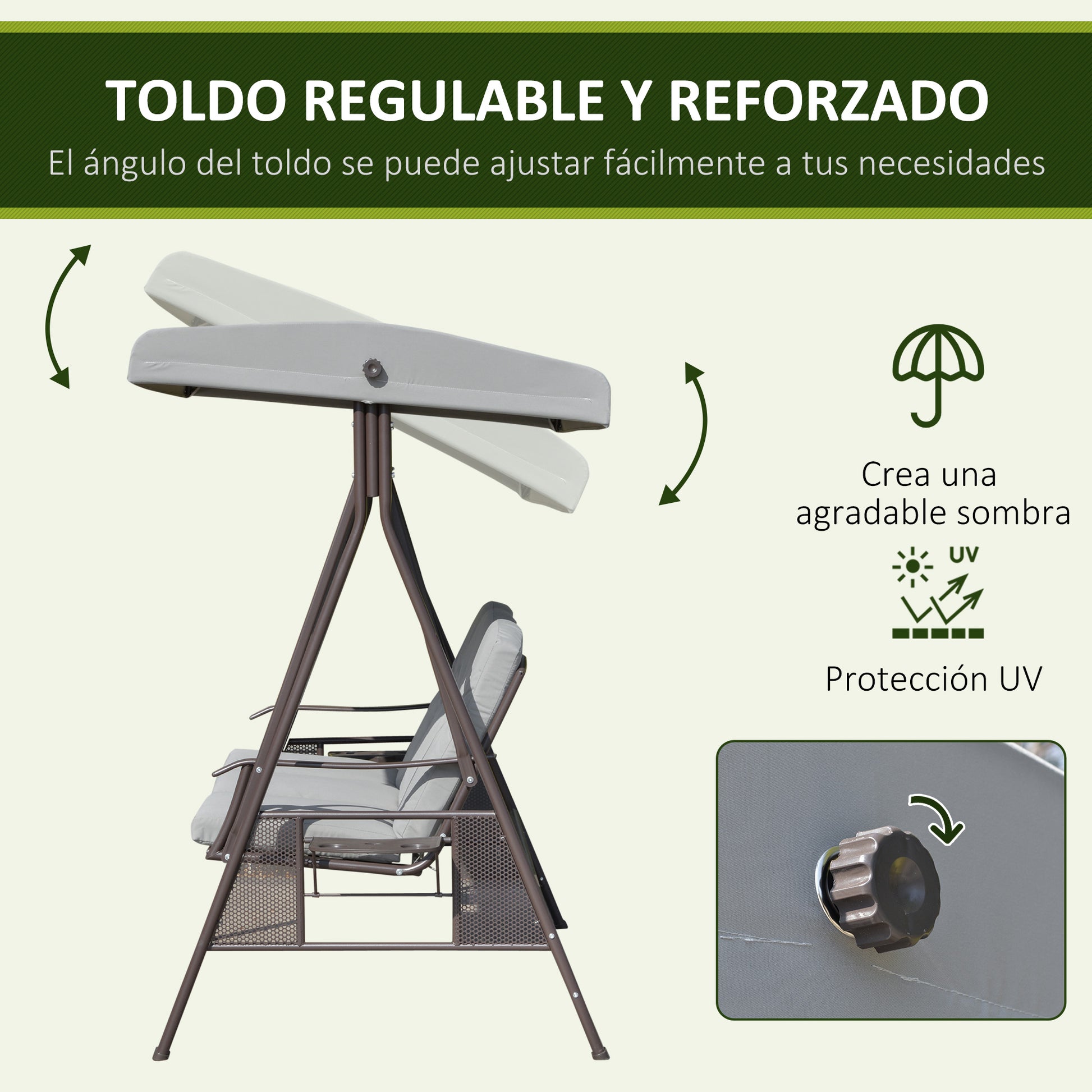 Outsunny Balancín de Jardín Exterior de 3 Plazas Columpio de Jardín Exterior con Toldo Ajustable Bandejas Laterales 2 Almohadas y Marco de Metal Carga 360 kg 206x116x183 cm Gris