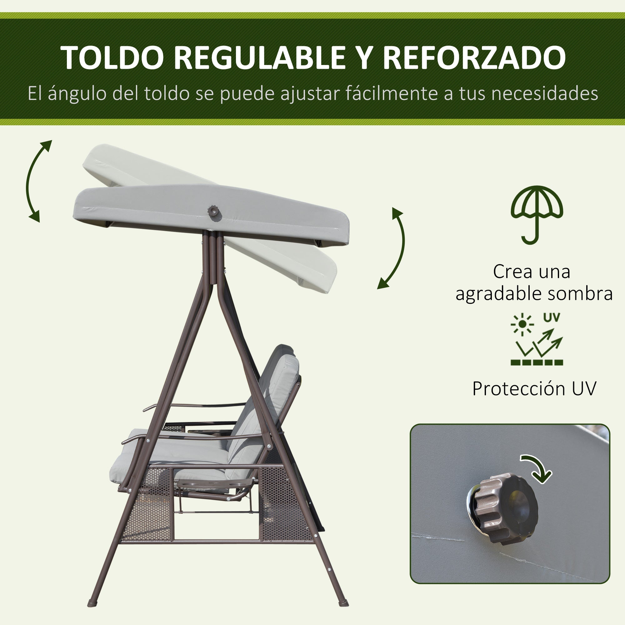 Outsunny Balancín de Jardín Exterior de 3 Plazas Columpio de Jardín Exterior con Toldo Ajustable Bandejas Laterales 2 Almohadas y Marco de Metal Carga 360 kg 206x116x183 cm Gris