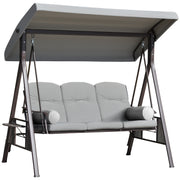Outsunny Balancín de Jardín Exterior de 3 Plazas Columpio de Jardín Exterior con Toldo Ajustable Bandejas Laterales 2 Almohadas y Marco de Metal Carga 360 kg 206x116x183 cm Gris