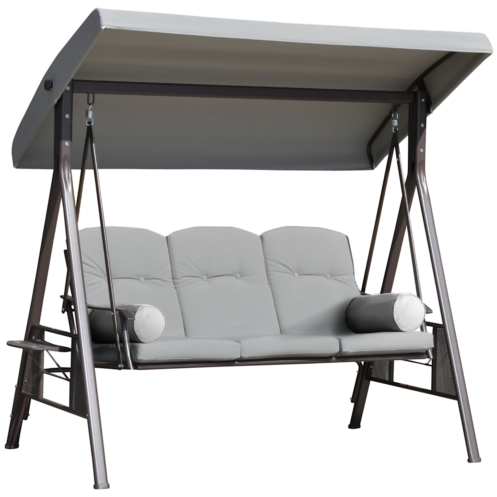 Outsunny Balancín de Jardín Exterior de 3 Plazas Columpio de Jardín Exterior con Toldo Ajustable Bandejas Laterales 2 Almohadas y Marco de Metal Carga 360 kg 206x116x183 cm Gris