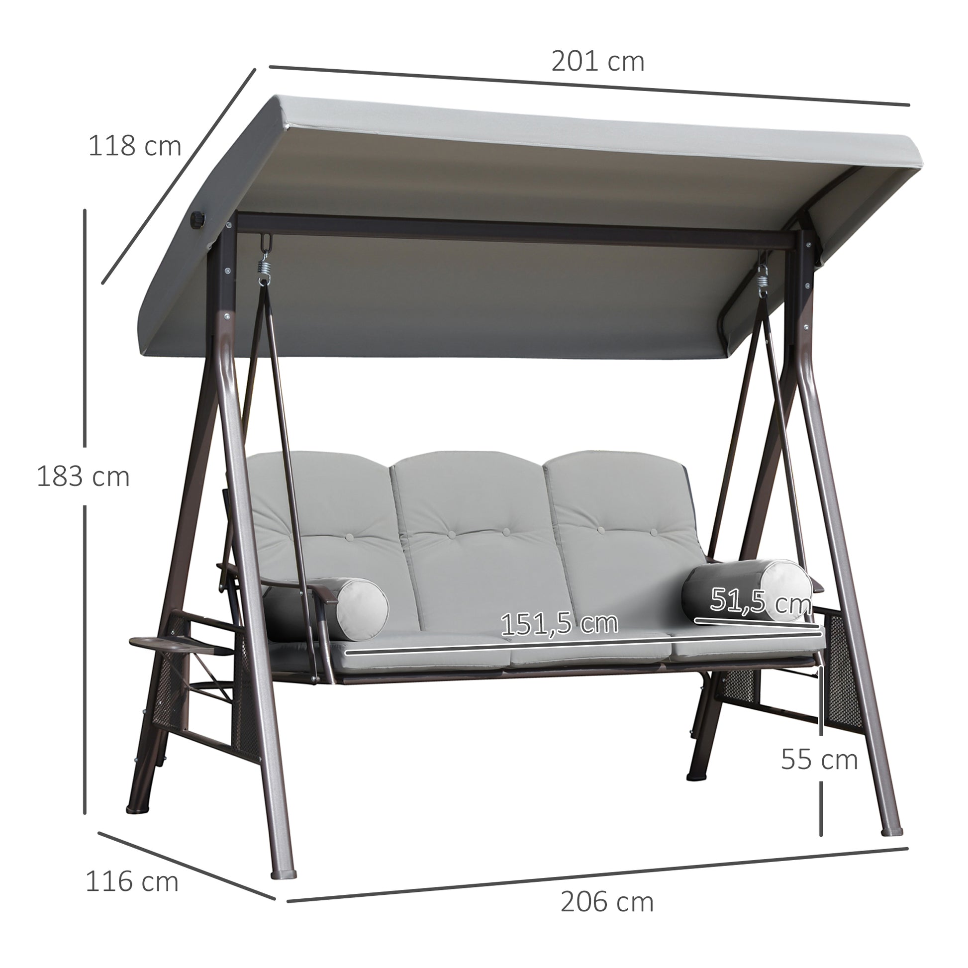 Outsunny Balancín de Jardín Exterior de 3 Plazas Columpio de Jardín Exterior con Toldo Ajustable Bandejas Laterales 2 Almohadas y Marco de Metal Carga 360 kg 206x116x183 cm Gris
