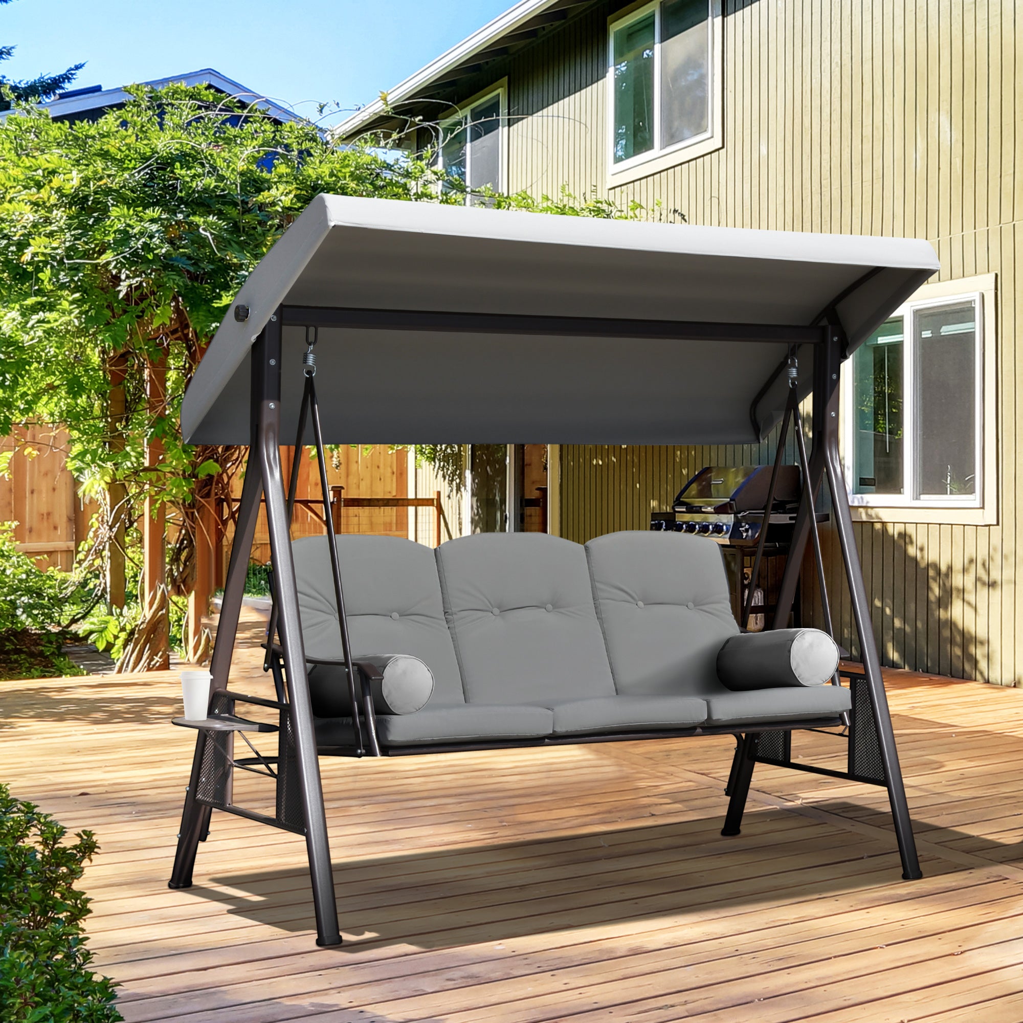 Outsunny Balancín de Jardín Exterior de 3 Plazas Columpio de Jardín Exterior con Toldo Ajustable Bandejas Laterales 2 Almohadas y Marco de Metal Carga 360 kg 206x116x183 cm Gris