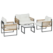 Outsunny Conjunto Jardín Exterior de Ratán, Muebles Jardín Exterior para 4 Piezas, Muebles Terraza con 1 Sofá de 2 Plazas, 2 Sillones, Cojines y 1 Mesa de Tablero de Vidrio, para Patio, Crema y Marrón