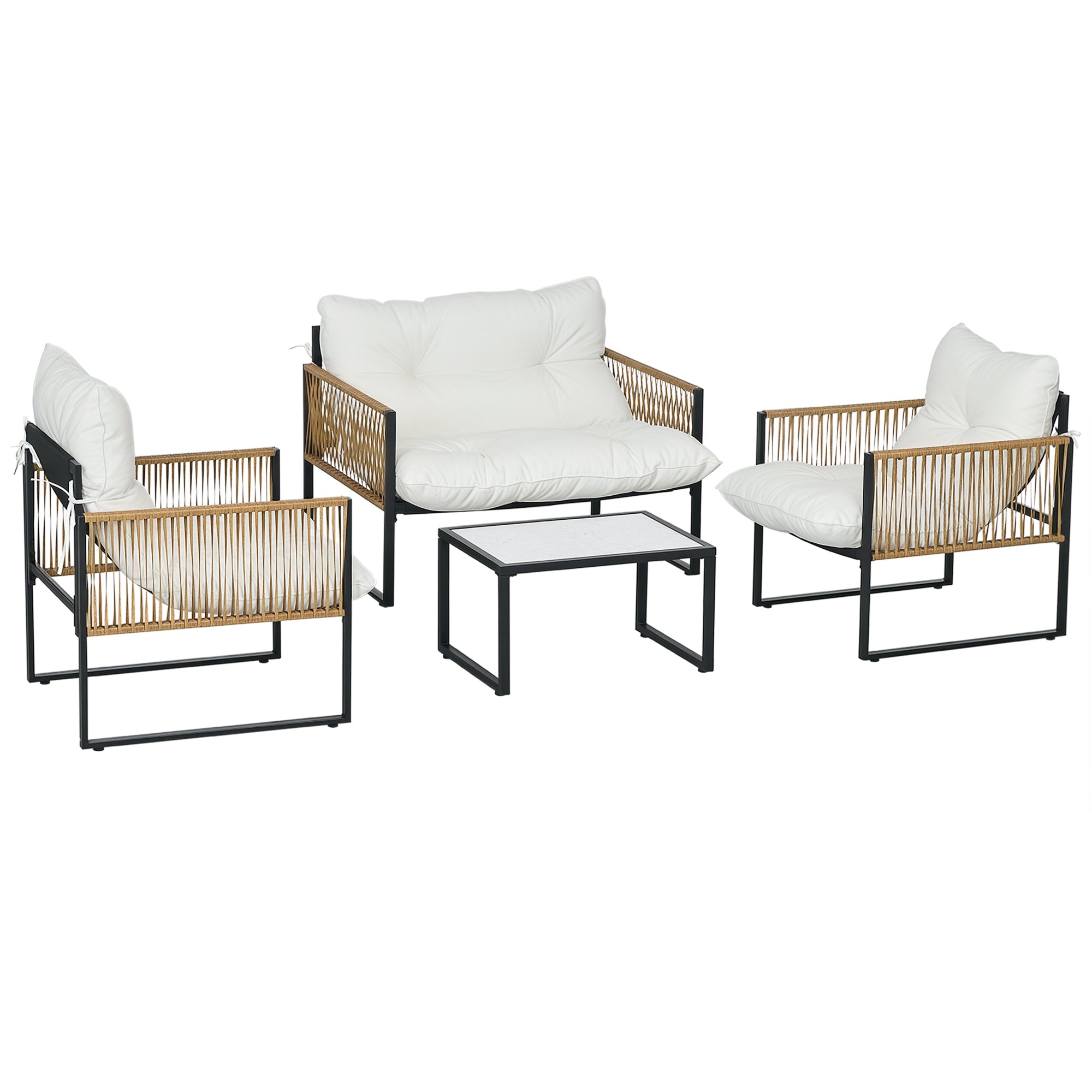 Outsunny Conjunto Jardín Exterior de Ratán, Muebles Jardín Exterior para 4 Piezas, Muebles Terraza con 1 Sofá de 2 Plazas, 2 Sillones, Cojines y 1 Mesa de Tablero de Vidrio, para Patio, Crema y Marrón