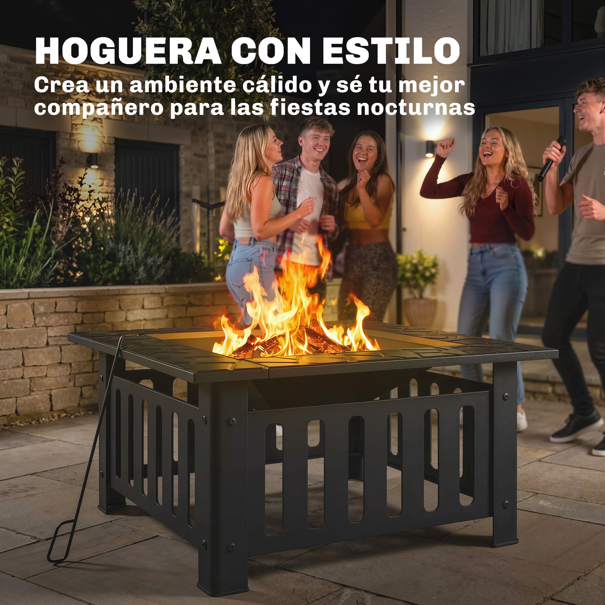 Outsunny Brasero Exterior de Acero Cuadrado, 67x67x47 cm, Brasero Exterior Jardín con Atizador, Tapa de Malla, para Terraza, Camping, Fiesta, Negro