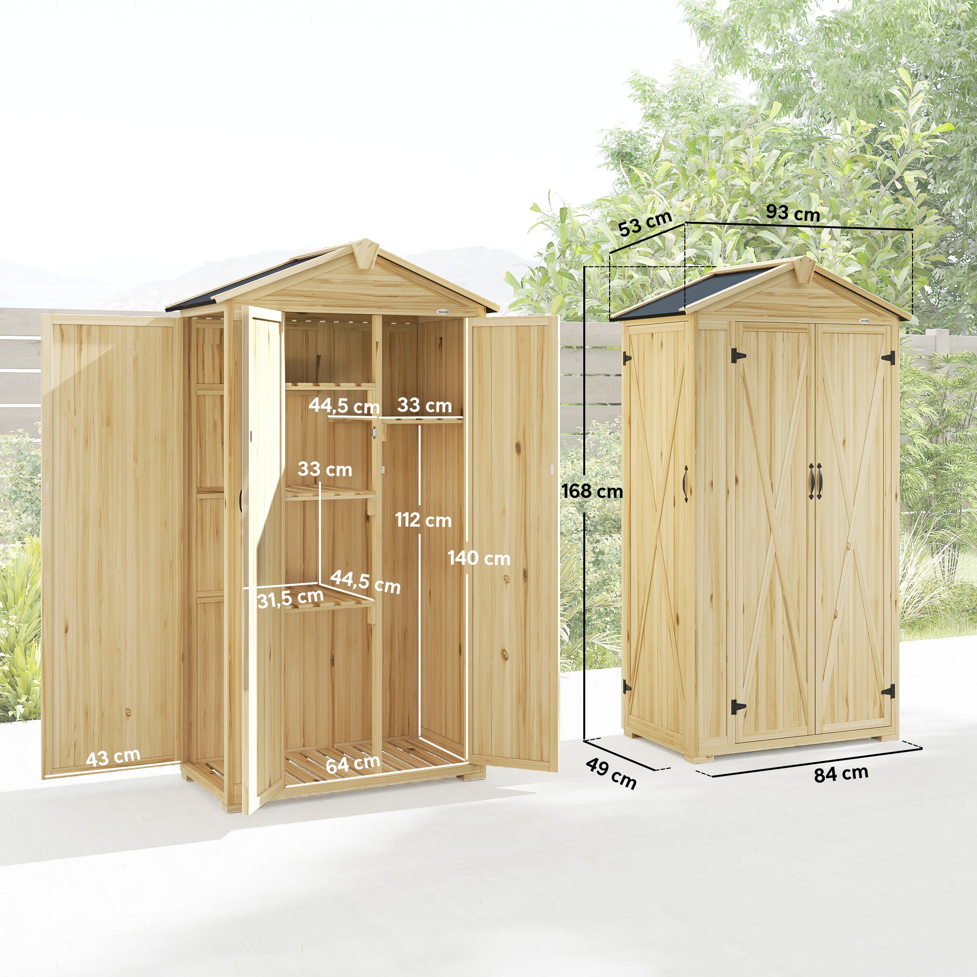 Outsunny Caseta de Jardín de Madera 93x53x168 cm, Cobertizo Jardín Exterior, Armario Exterior para Herramientas con Puertas Bloqueables, 4 Estantes, Techo Asfáltico Inclinado y Ganchos, Madera Natural