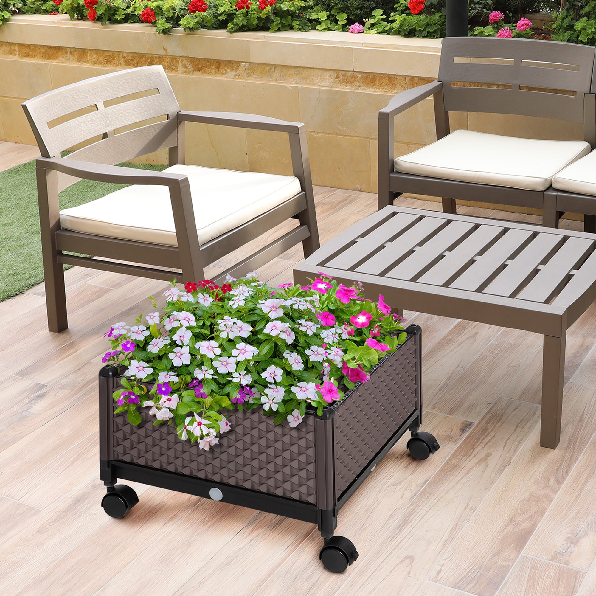 Outsunny Jardinera de Plástico con Ruedas Macetero de Jardín con Agujeros de Drenaje para Cultivo de Plantas en Exterior Patio Terraza 50x50x33 cm Marrón