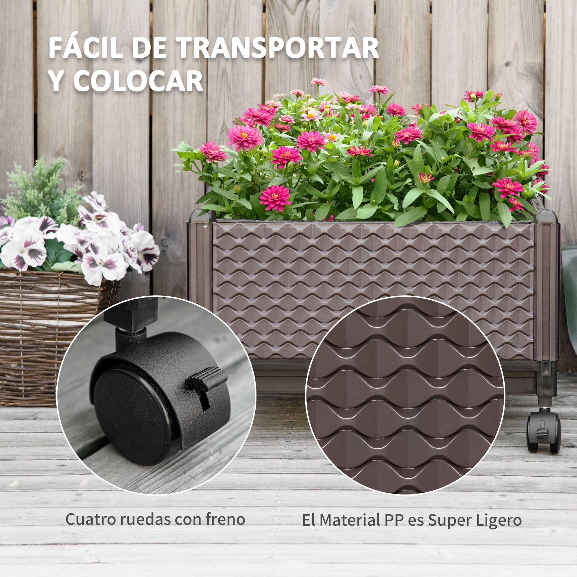 Outsunny Jardinera de Plástico con Ruedas Macetero de Jardín con Agujeros de Drenaje para Cultivo de Plantas en Exterior Patio Terraza 50x50x33 cm Marrón