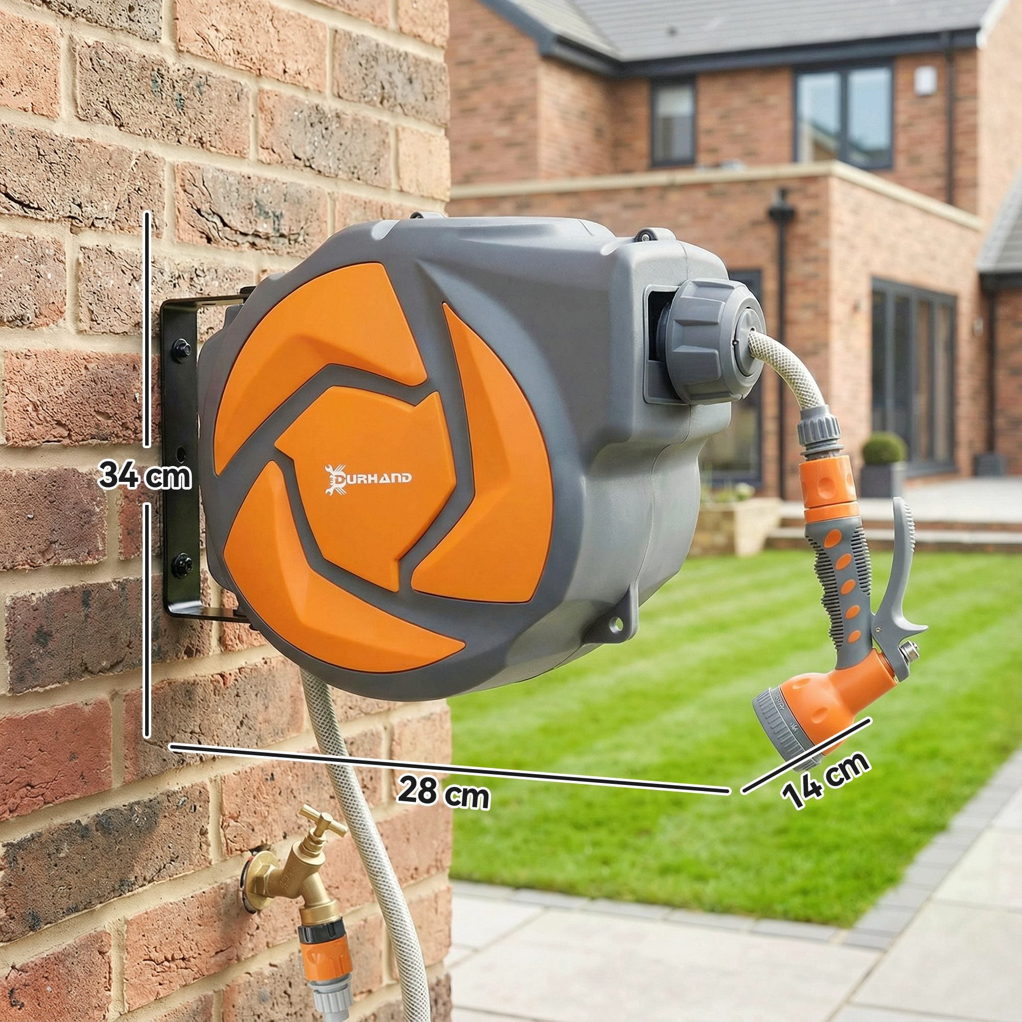 DURHAND Enrollador de Manguera para Jardín 10+1 m con Boquilla de 7 Funciones, Carrete de Manguera de Jardín de Pared, Giratorio 180°, con Retorno Enrollado Automático, Gris Oscuro y Naranja