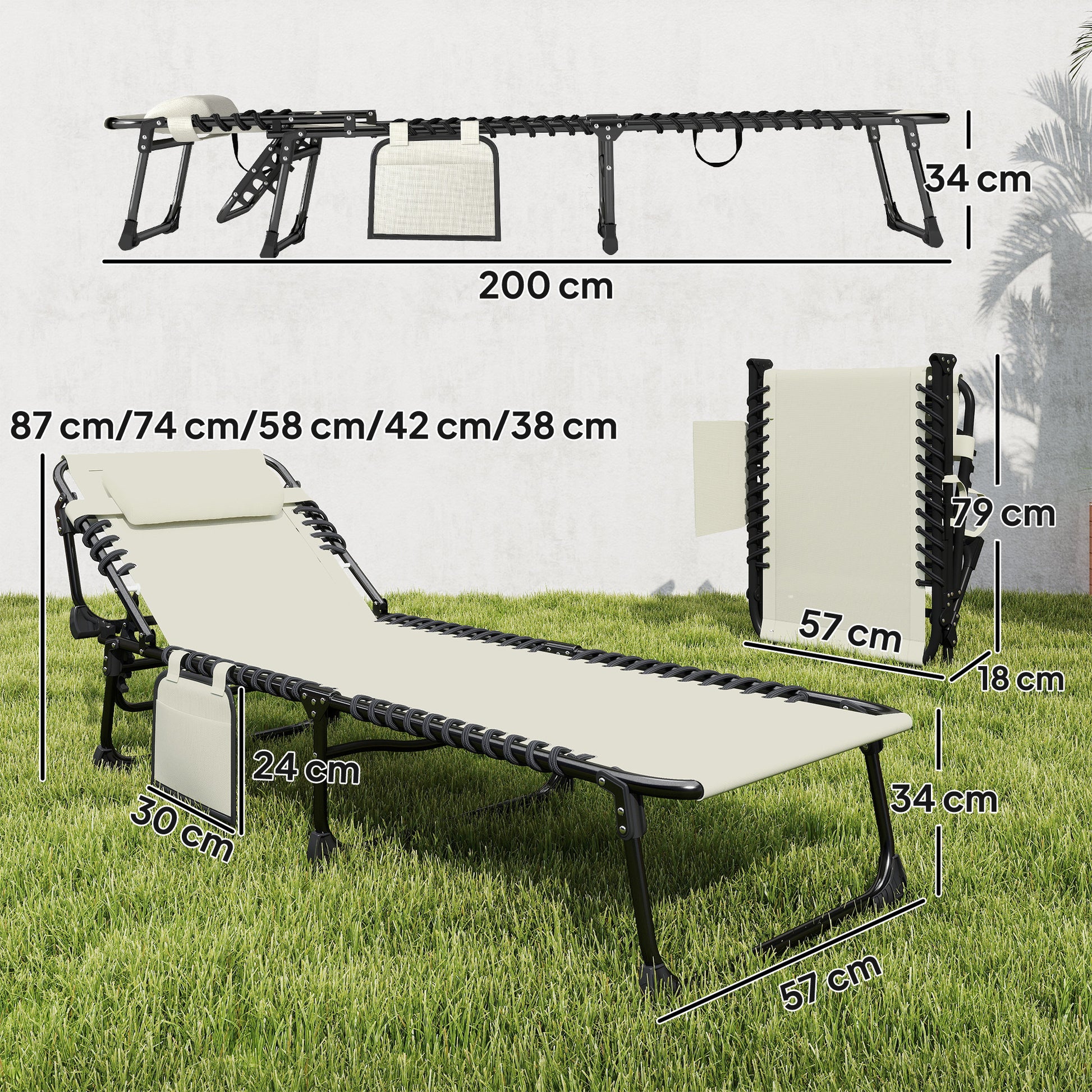 Outsunny Set de 2 Tumbonas Jardín Exterior, Tumbonas Plegables con Reposacabezas y Bolsillo Lateral, Respaldo Reclinable 5 Posiciones y Asiento de Malla Transpirable para Playa, Piscina, Blanco Crema