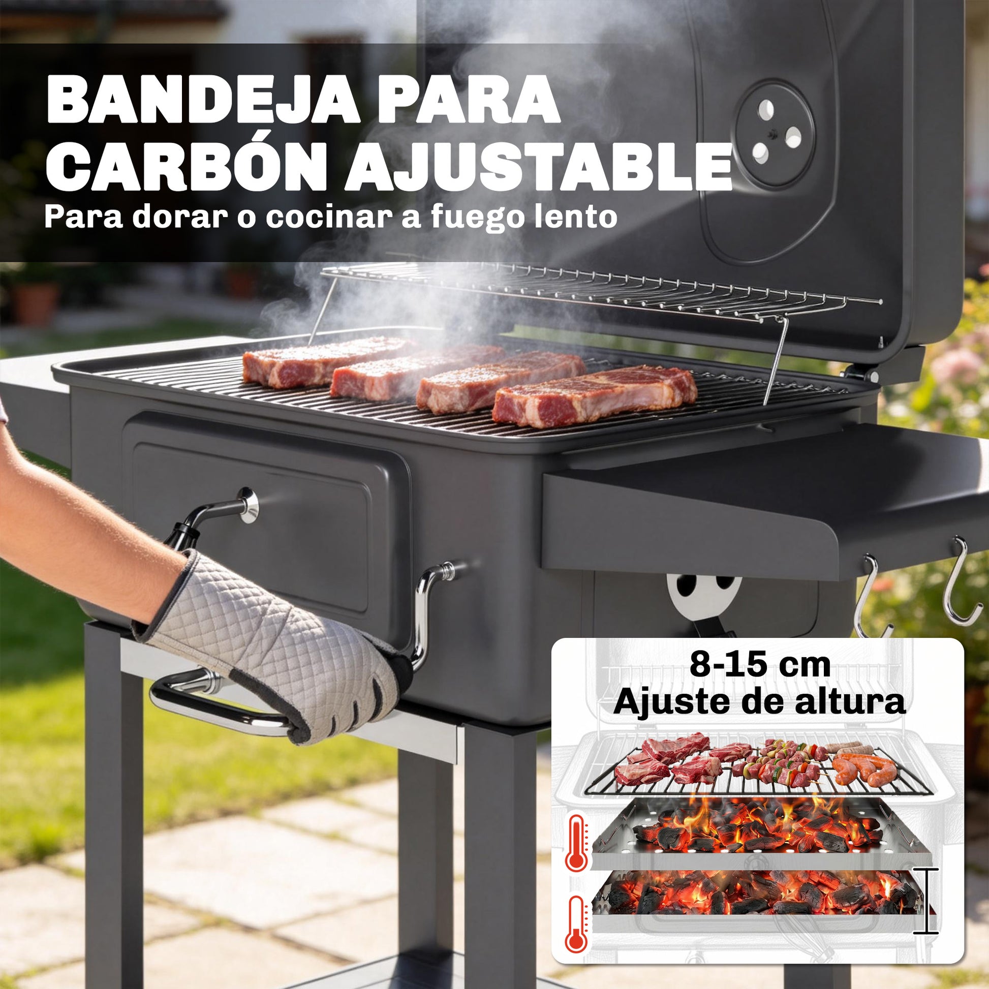 Outsunny Barbacoa de Carbón Portátil, Barbacoa de Carbón Móvil con Bandeja y Ventilación Ajustable, Estantes Laterales, Termómetro, Tapa, Cajón de Cenizas, Ruedas, Puerta Frontal, Asa, Negro
