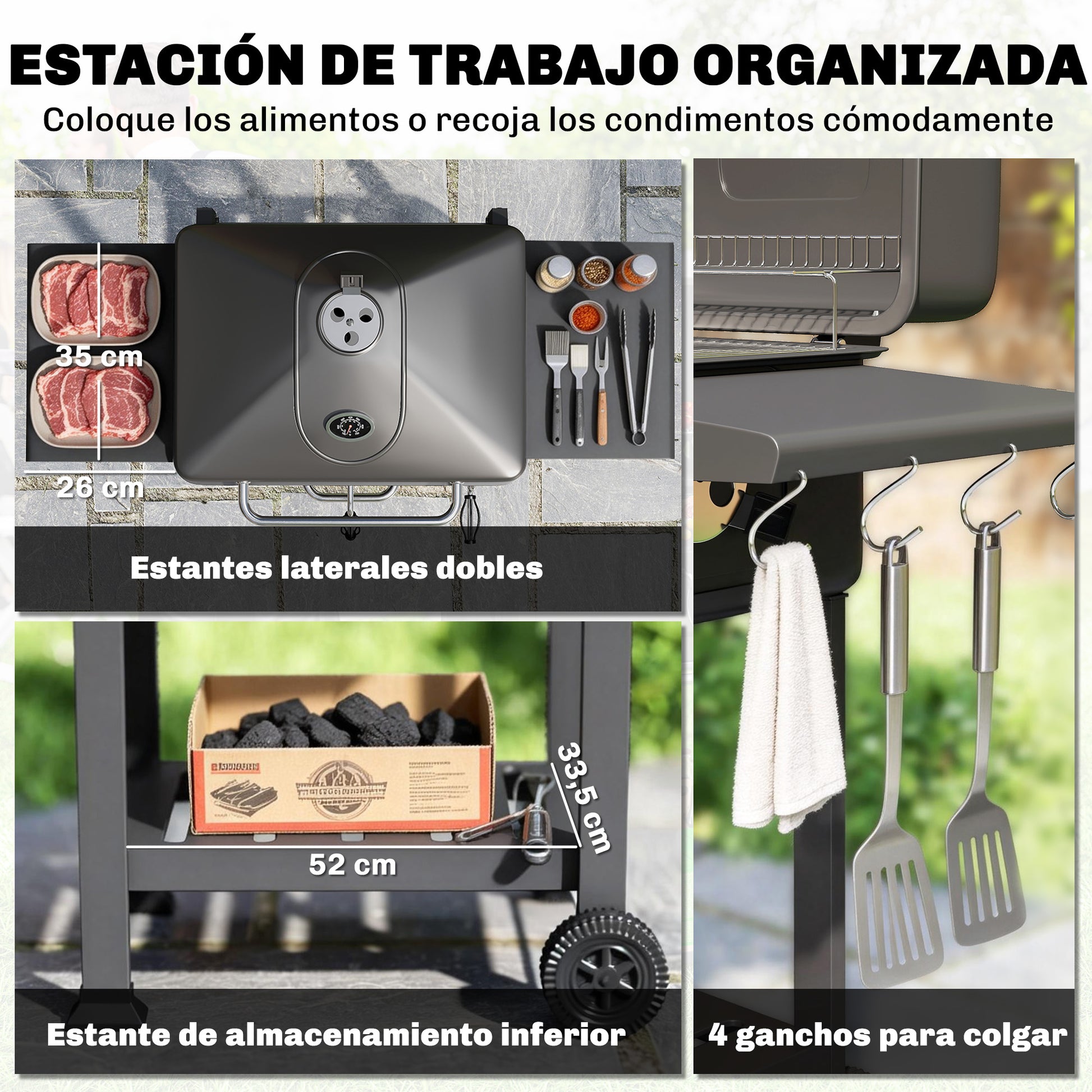 Outsunny Barbacoa de Carbón Portátil, Barbacoa de Carbón Móvil con Bandeja y Ventilación Ajustable, Estantes Laterales, Termómetro, Tapa, Cajón de Cenizas, Ruedas, Puerta Frontal, Asa, Negro