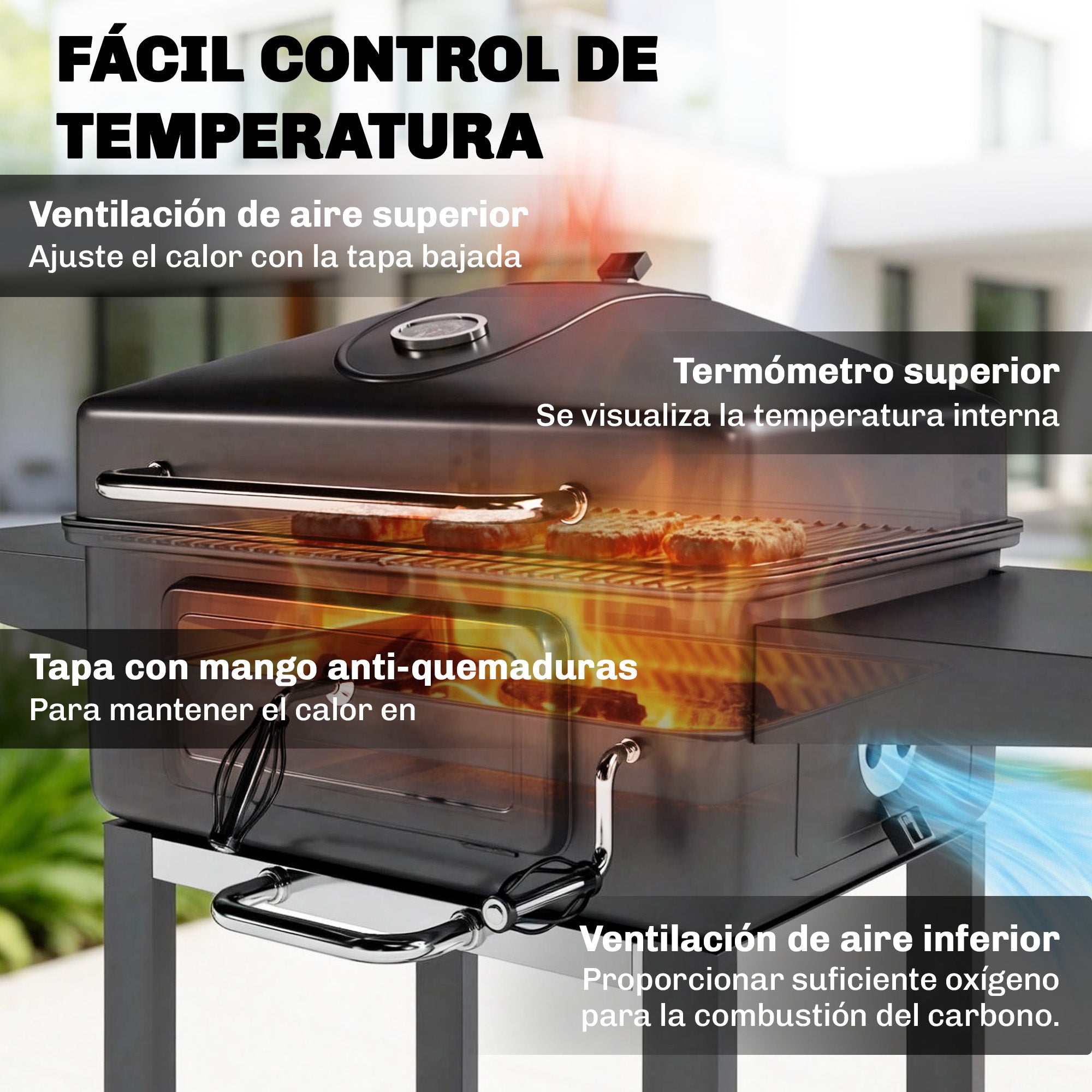 Outsunny Barbacoa de Carbón Portátil, Barbacoa de Carbón Móvil con Bandeja y Ventilación Ajustable, Estantes Laterales, Termómetro, Tapa, Cajón de Cenizas, Ruedas, Puerta Frontal, Asa, Negro