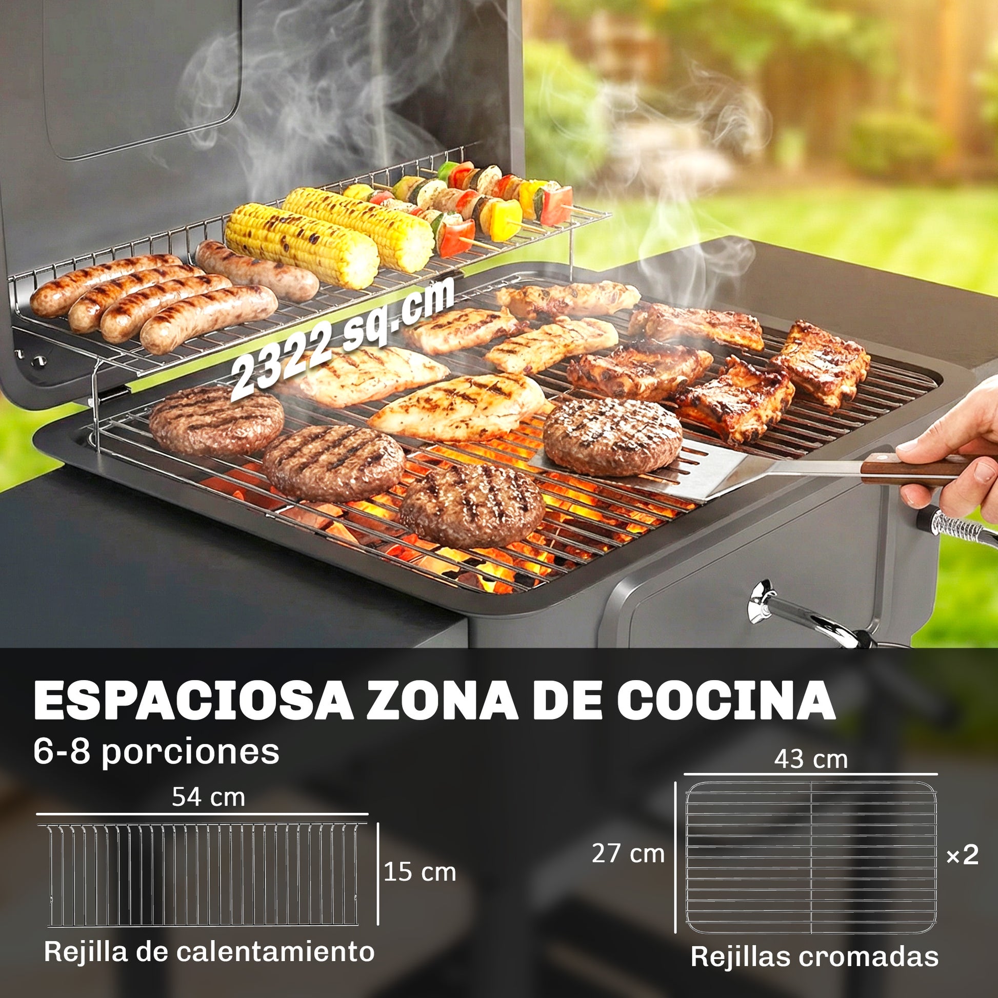 Outsunny Barbacoa de Carbón Portátil, Barbacoa de Carbón Móvil con Bandeja y Ventilación Ajustable, Estantes Laterales, Termómetro, Tapa, Cajón de Cenizas, Ruedas, Puerta Frontal, Asa, Negro