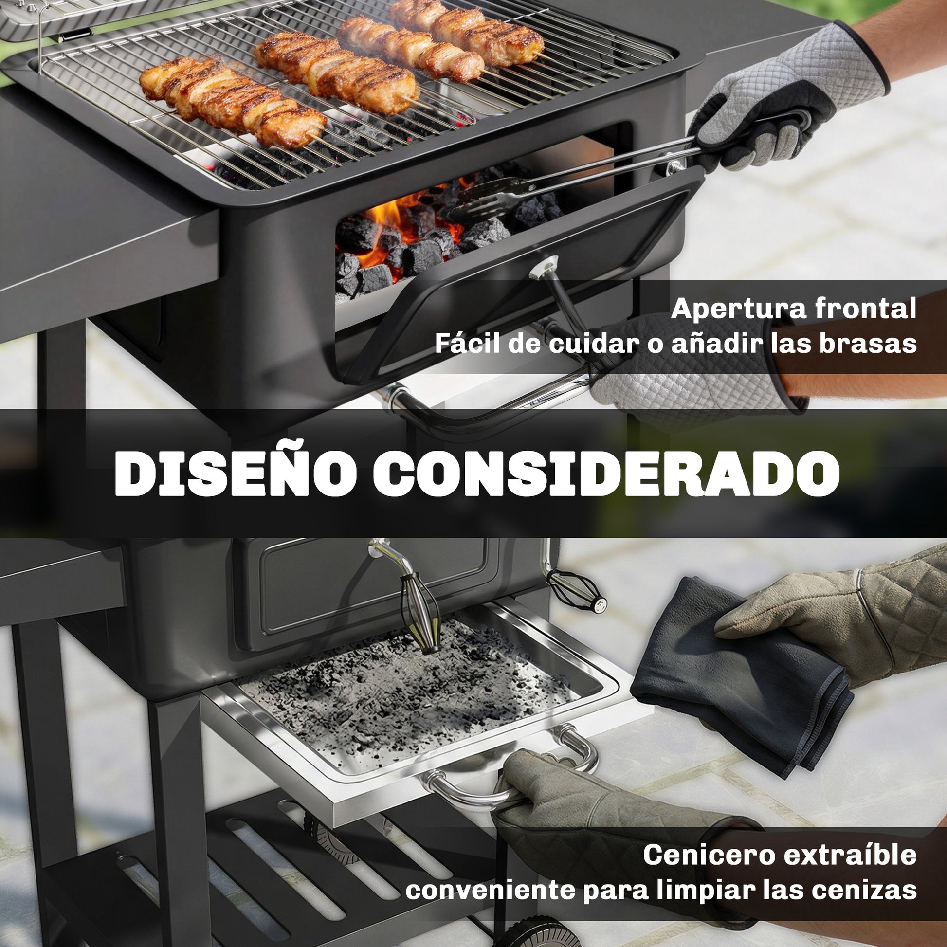 Outsunny Barbacoa de Carbón Portátil, Barbacoa de Carbón Móvil con Bandeja y Ventilación Ajustable, Estantes Laterales, Termómetro, Tapa, Cajón de Cenizas, Ruedas, Puerta Frontal, Asa, Negro