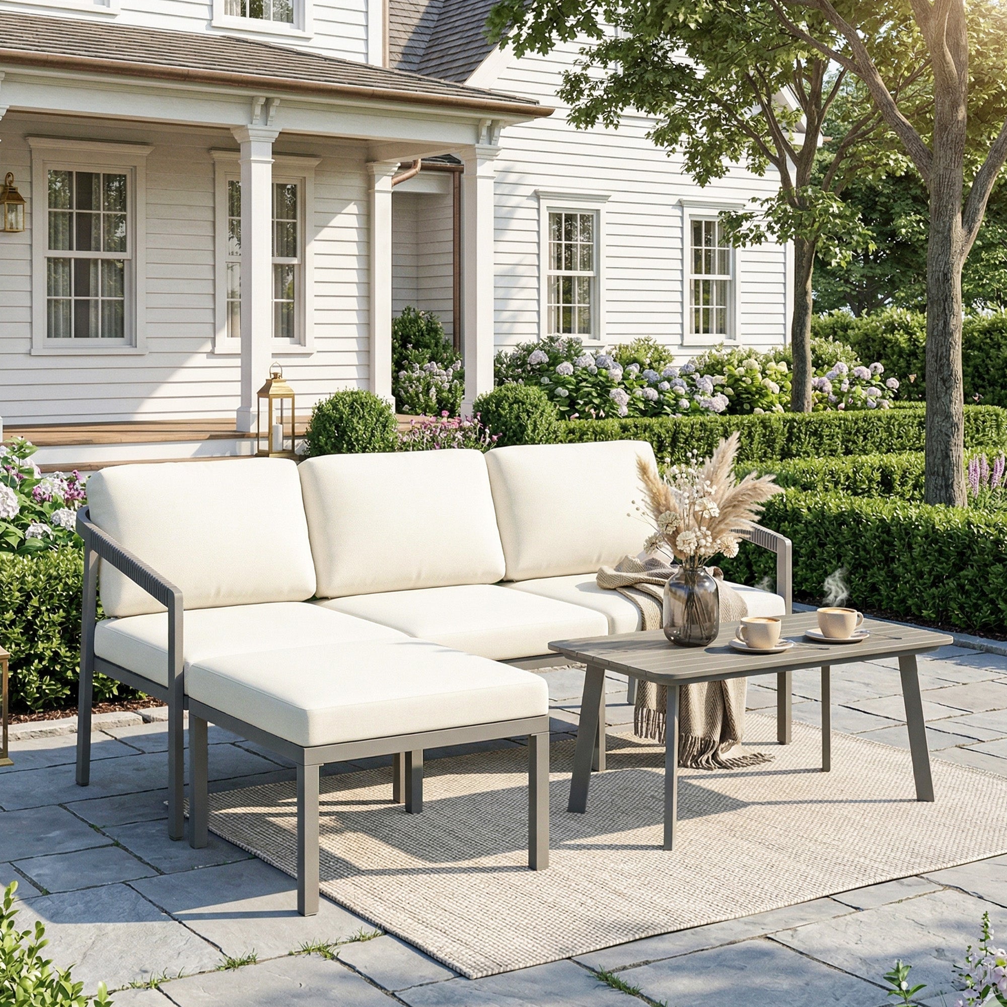 Outsunny Conjunto de Muebles Jardín Exterior de 3 Piezas Sofá Exterior Seccional Forma de L con Sofá de 3 Plazas Reposapiés Mesa Centro de Listones y Cojines de 10 cm para Terraza Patio Marrón y Beige