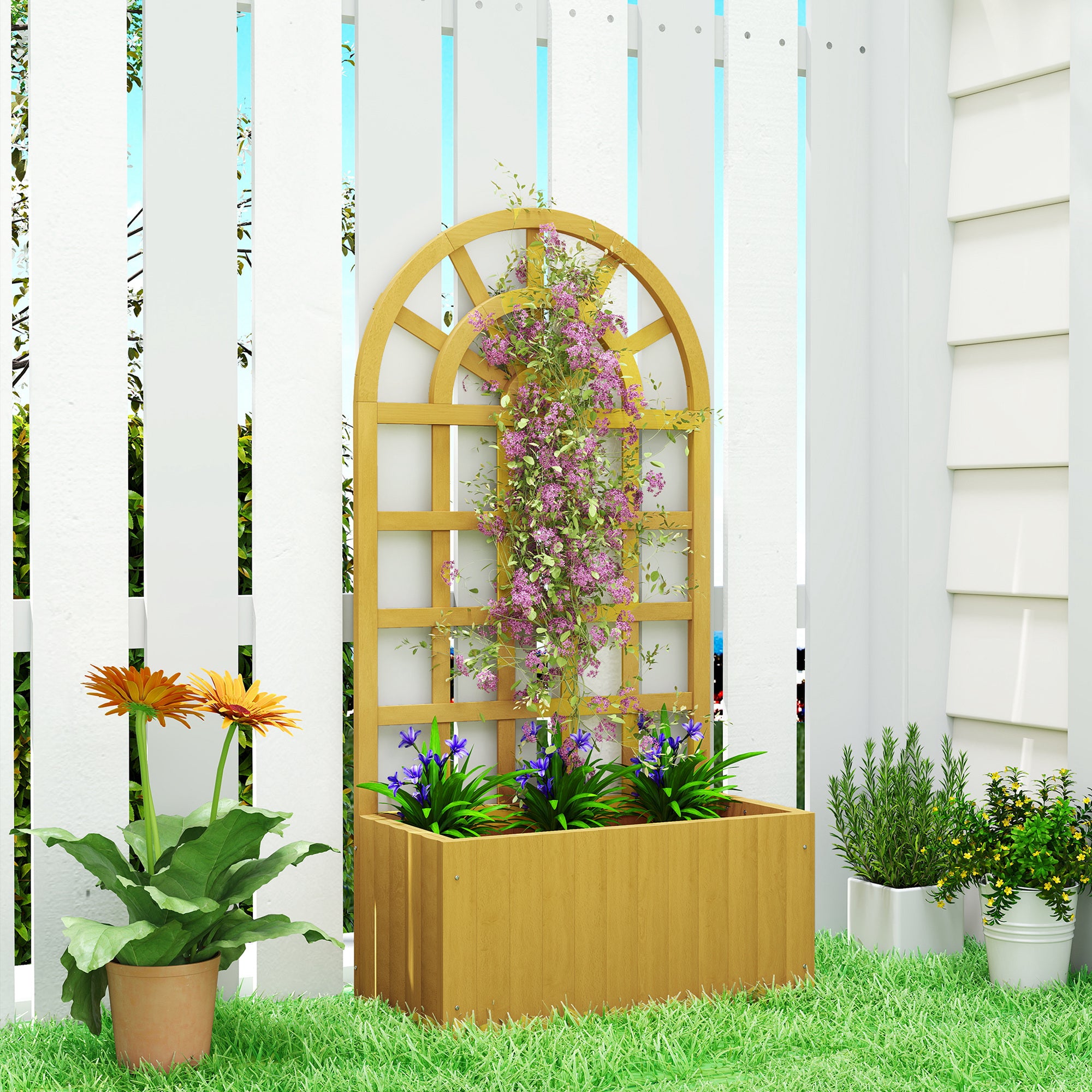 Outsunny Jardinera con Enrejado de Madera, Jardinera Exterior Grande para Plantas Trepadoras, con Ofricios de Drenaje, Macetero Elevado para Jardín, Patio, Terraza, 60x30x120 cm, Natural