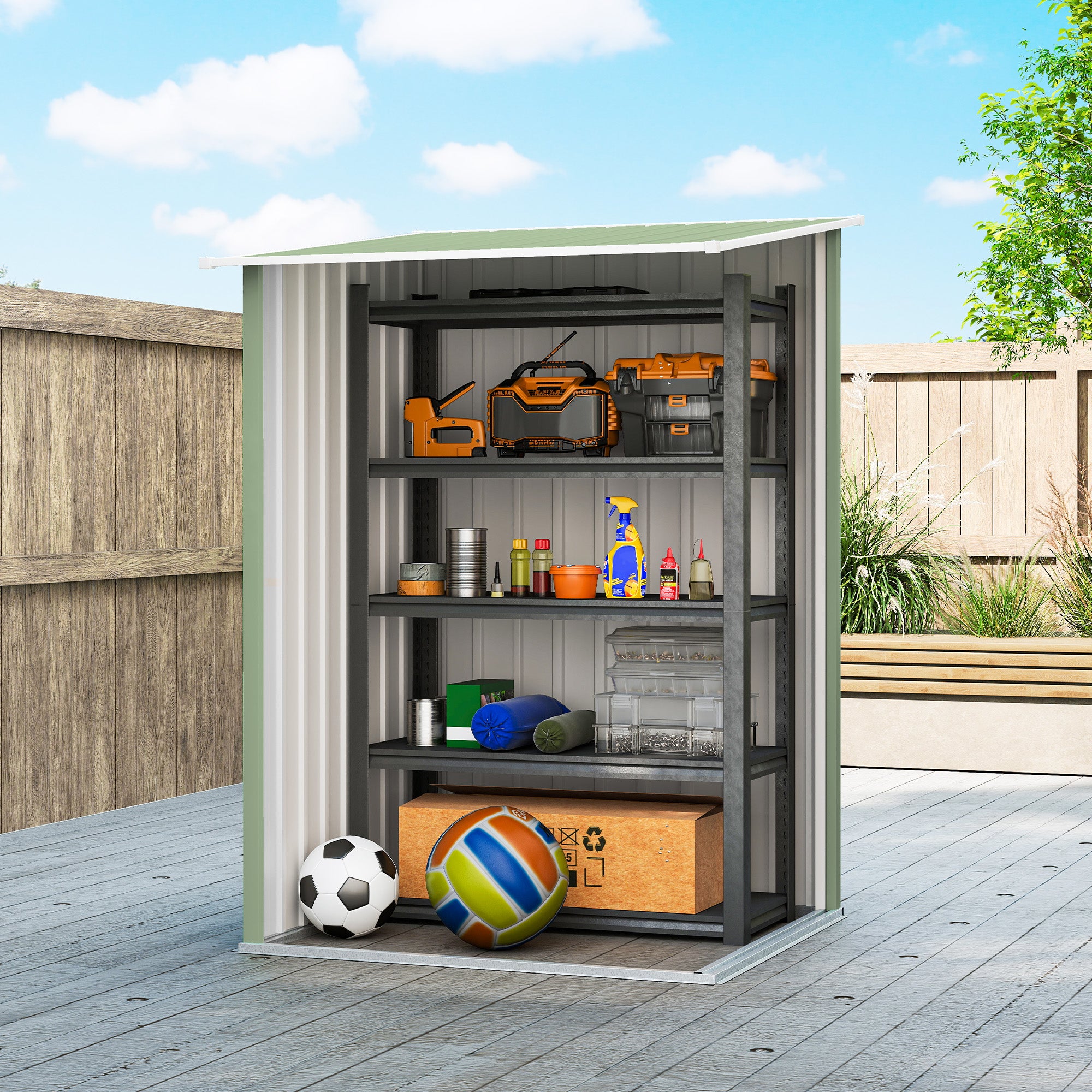Outsunny Cobertizo de Jardín Exterior, 0,92 m², 100x103x160 cm, Caseta de Jardín Exterior Metálica con 1 Puerta y Cerradura, para Almacenamiento de Herramientas, para Patio, Terraza, Verde Claro
