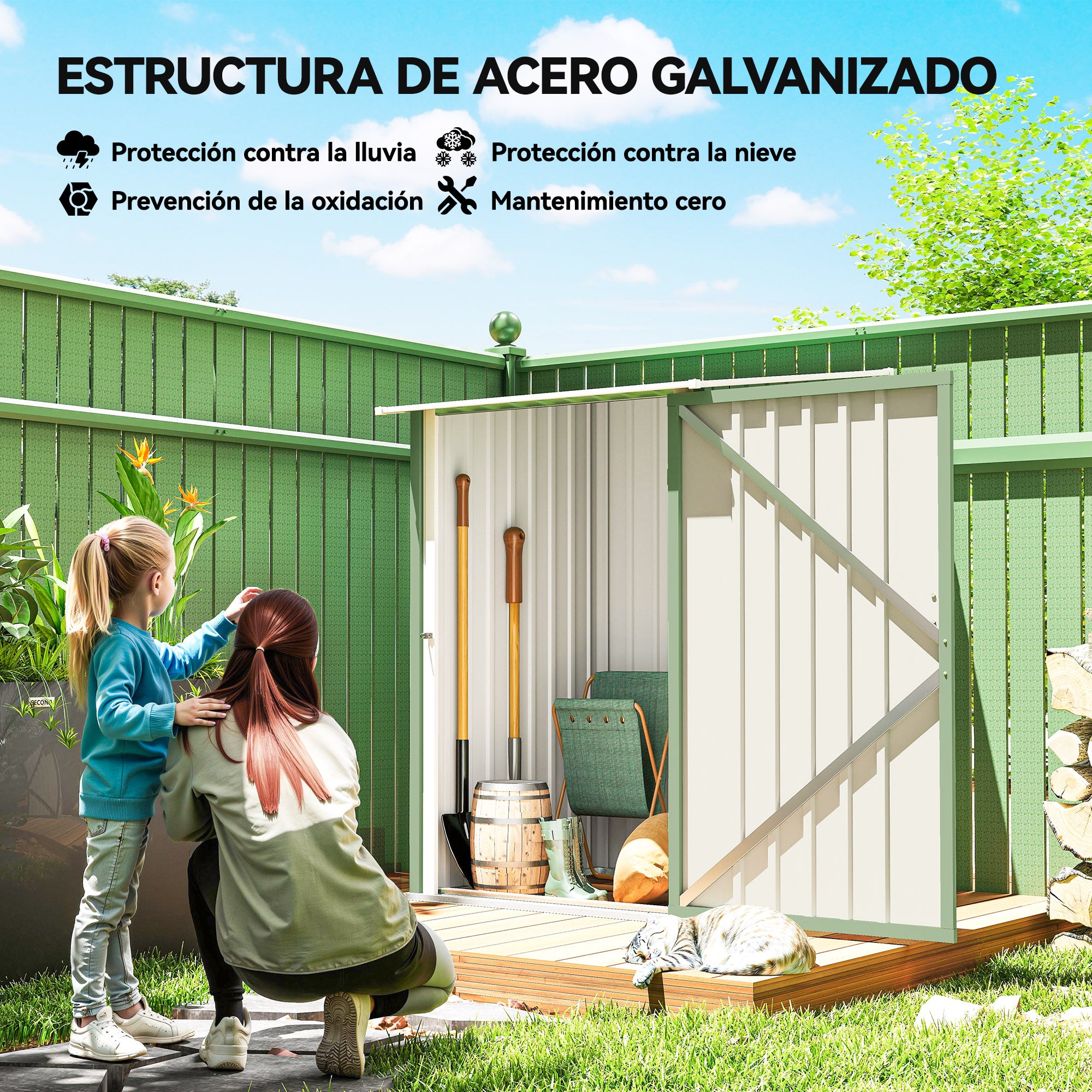 Outsunny Cobertizo de Jardín Exterior, 0,92 m², 100x103x160 cm, Caseta de Jardín Exterior Metálica con 1 Puerta y Cerradura, para Almacenamiento de Herramientas, para Patio, Terraza, Verde Claro