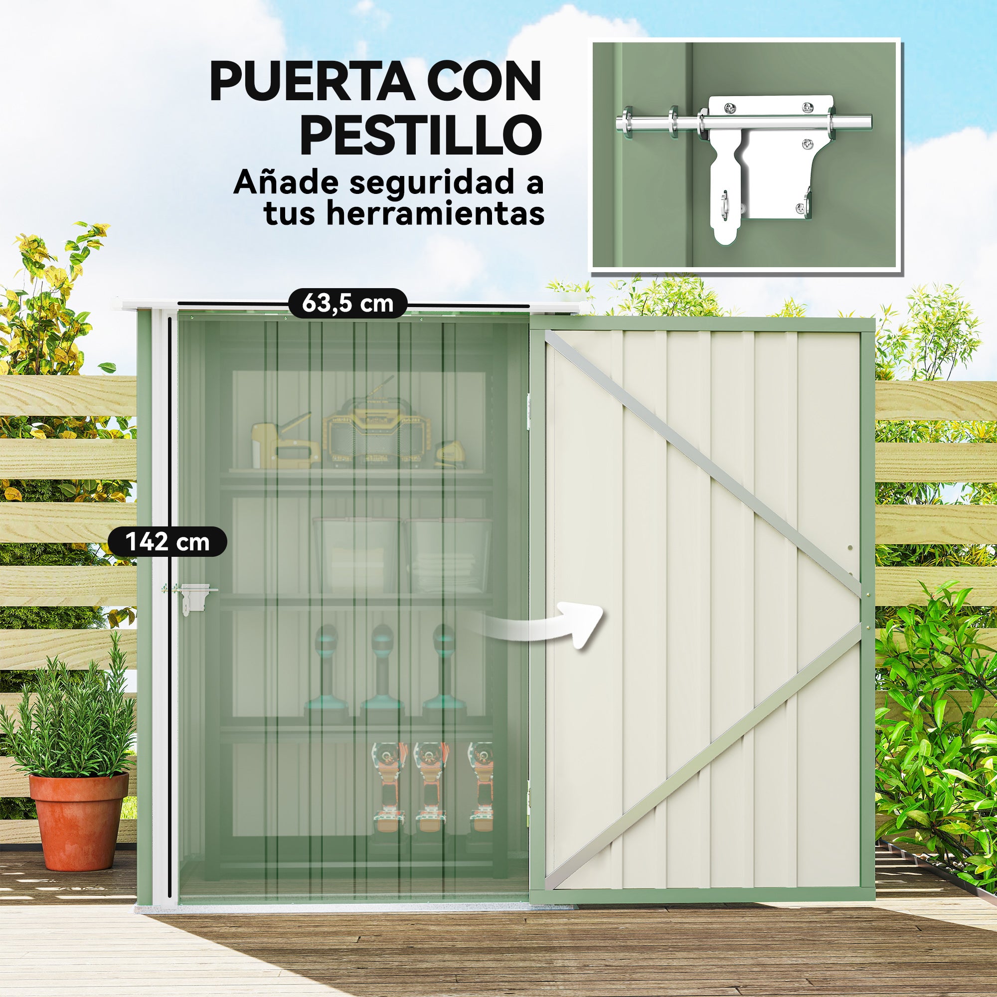Outsunny Cobertizo de Jardín Exterior, 0,92 m², 100x103x160 cm, Caseta de Jardín Exterior Metálica con 1 Puerta y Cerradura, para Almacenamiento de Herramientas, para Patio, Terraza, Verde Claro
