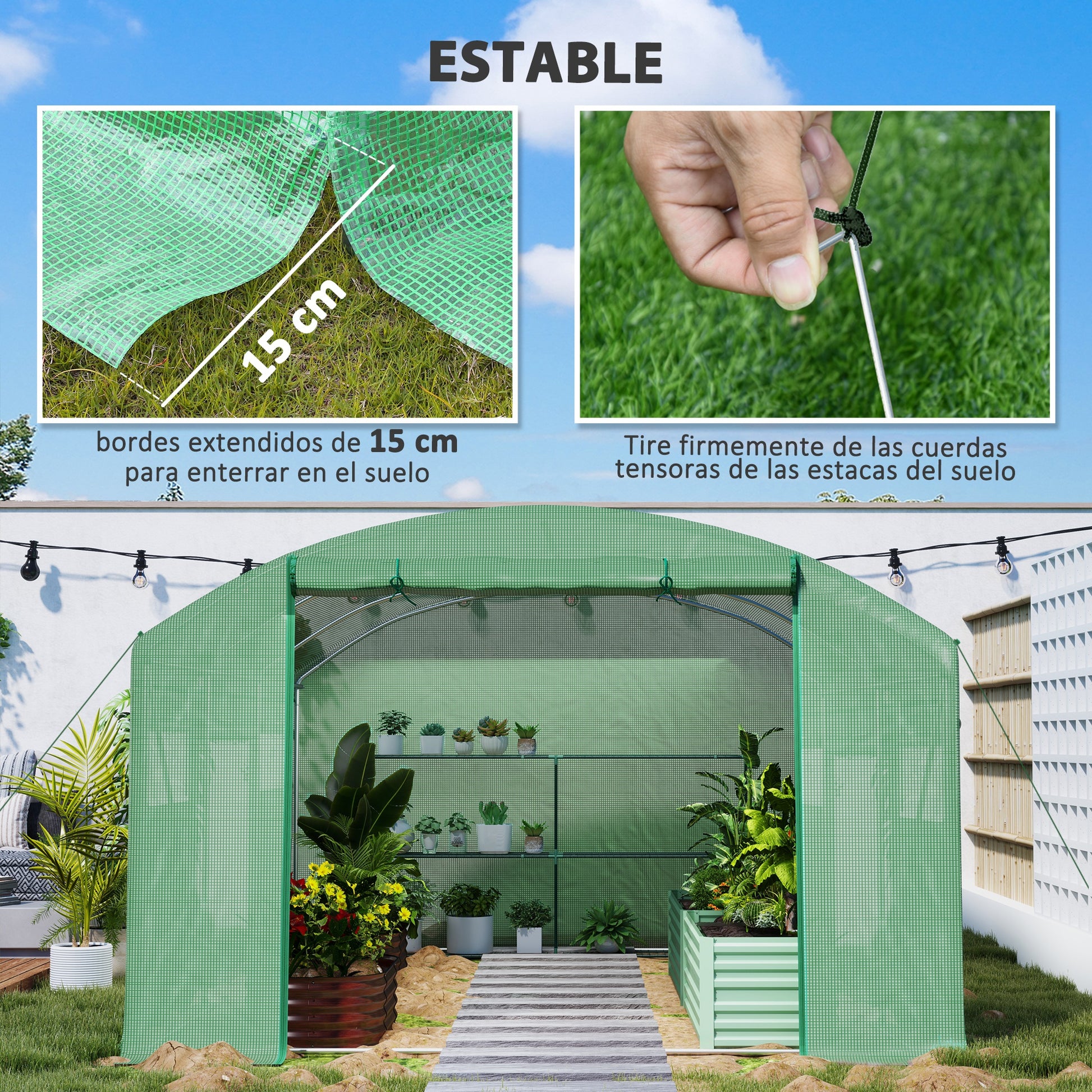 Outsunny Invernadero de Exterior 4x3x2 m Invernadero de Túnel con 6 Ventanas de Malla Cubierta de PE Anti-UV y 3 Puertas Enrollables con Cremallera para Jardín Patio Verde
