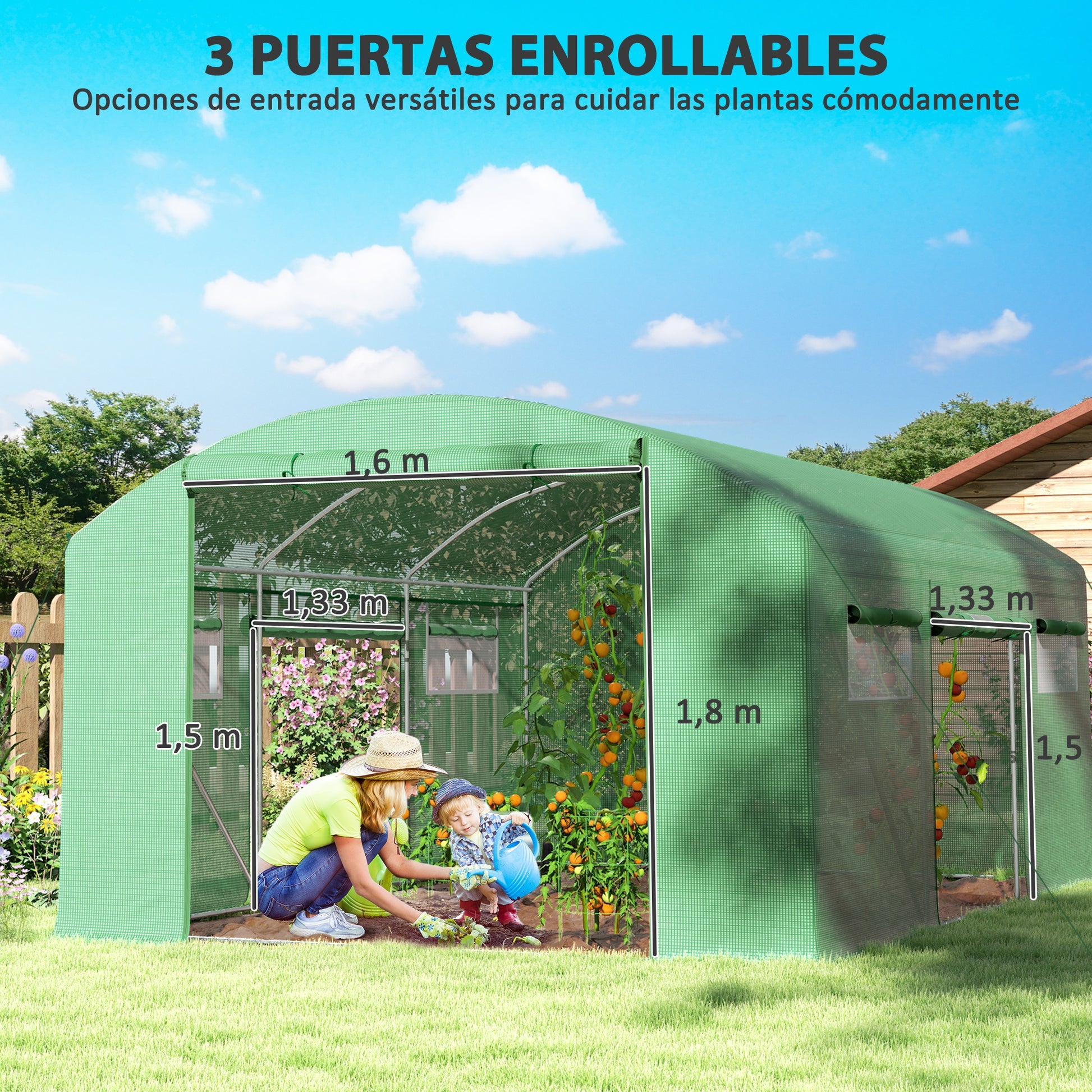 Outsunny Invernadero de Exterior 4x3x2 m Invernadero de Túnel con 6 Ventanas de Malla Cubierta de PE Anti-UV y 3 Puertas Enrollables con Cremallera para Jardín Patio Verde