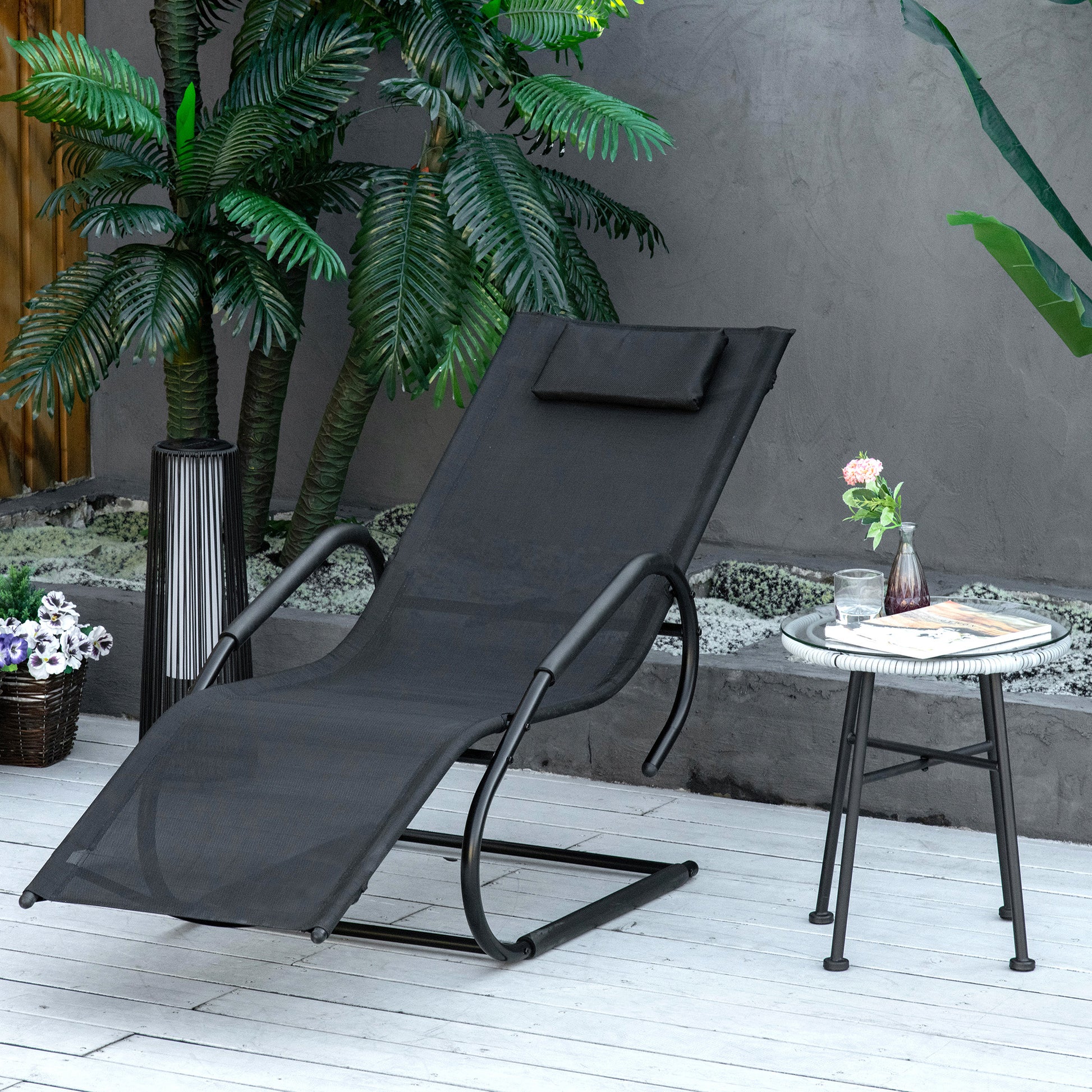 Outsunny Tumbona de Jardín Ergonómica con Reposacabezas Reposapiés y Reposabrazos Mecedora Tapizado en Tela Texteline Transpirable para Exterior Terraza Patio 160x59,5x83 cm Negro