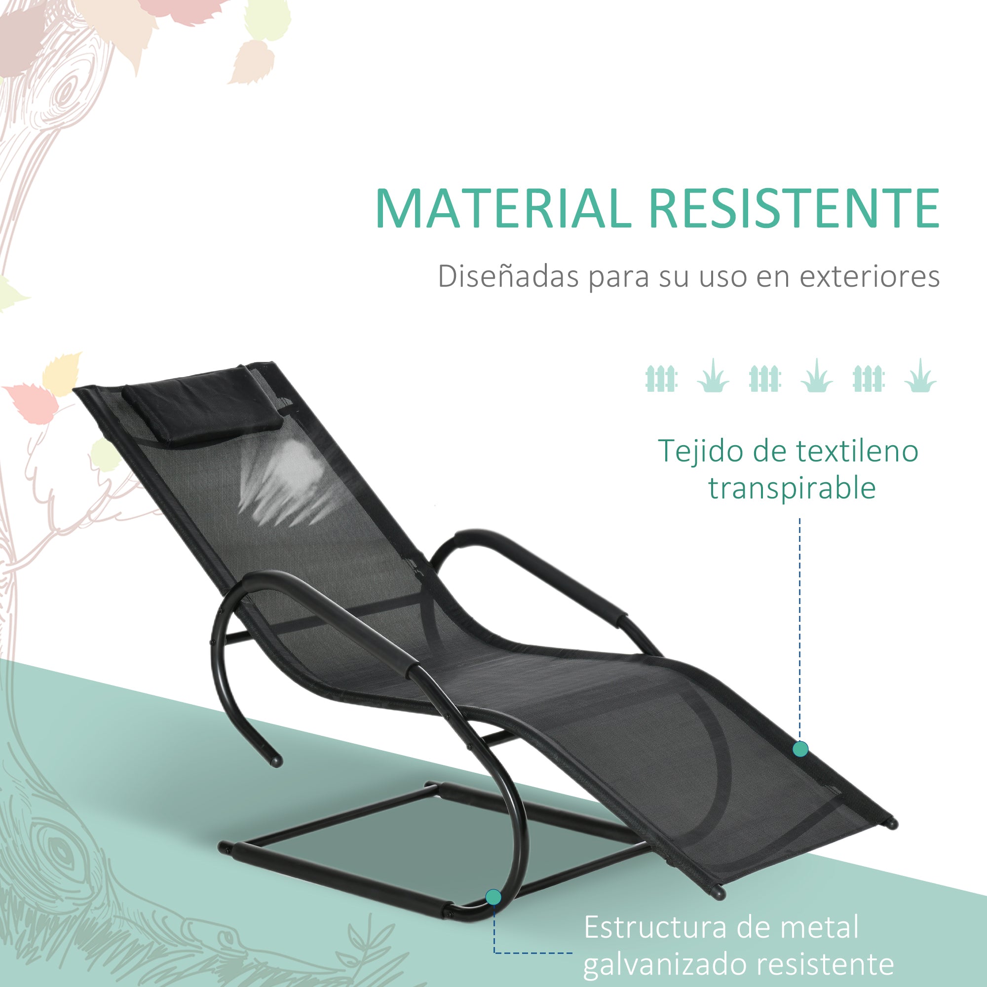 Outsunny Tumbona de Jardín Ergonómica con Reposacabezas Reposapiés y Reposabrazos Mecedora Tapizado en Tela Texteline Transpirable para Exterior Terraza Patio 160x59,5x83 cm Negro