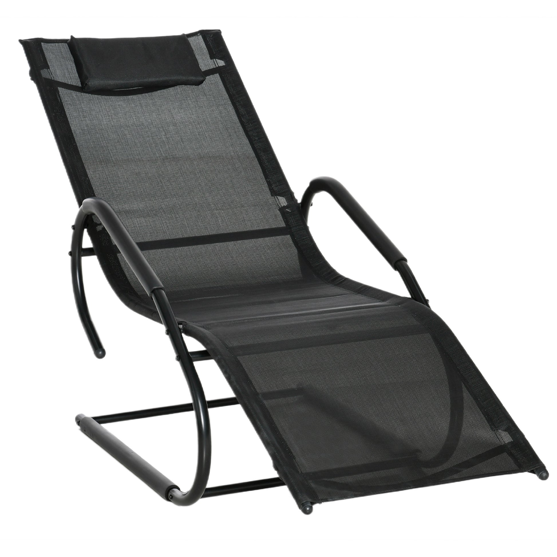 Outsunny Tumbona de Jardín Ergonómica con Reposacabezas Reposapiés y Reposabrazos Mecedora Tapizado en Tela Texteline Transpirable para Exterior Terraza Patio 160x59,5x83 cm Negro