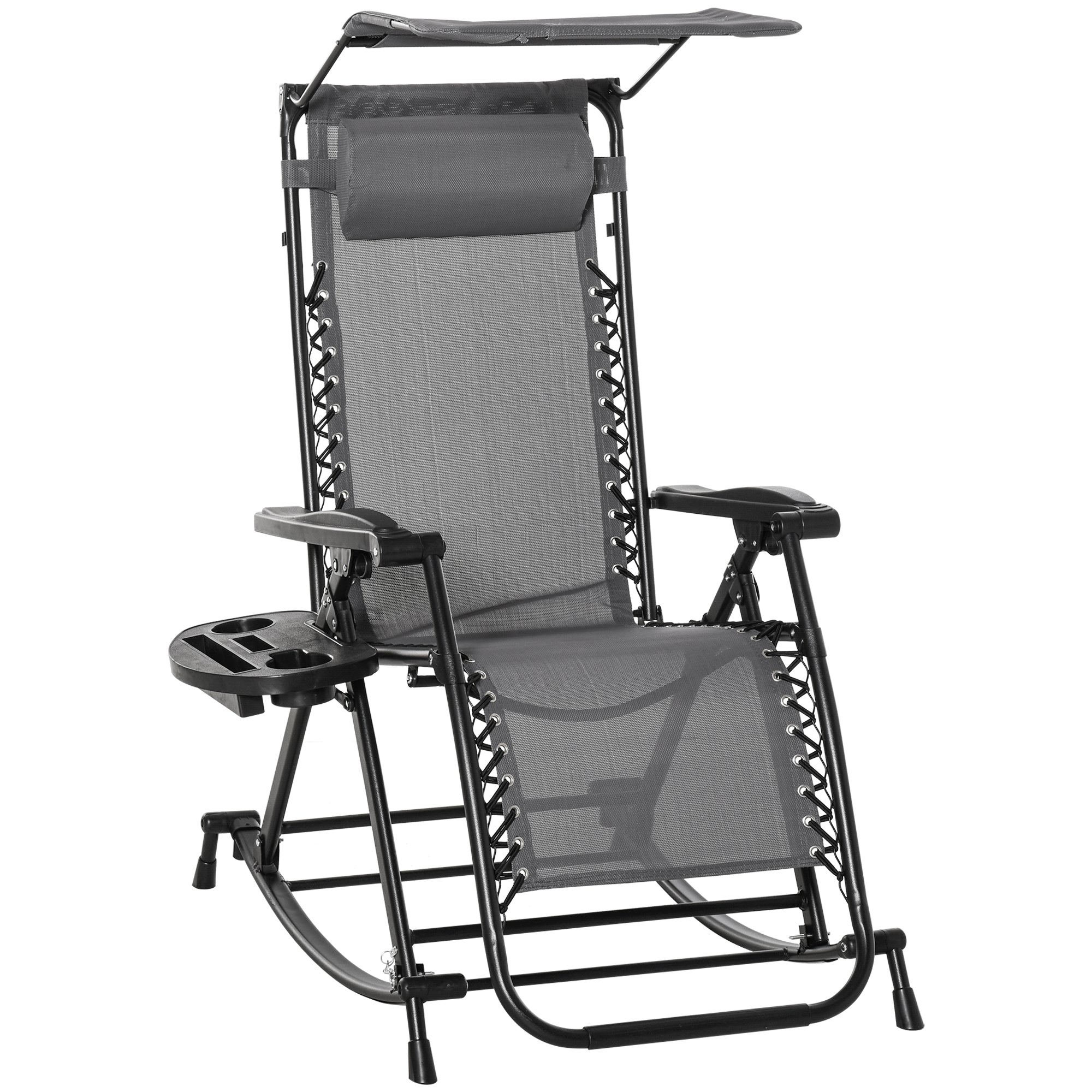 Outsunny Silla Mecedora de Jardín Plegable Tumbona Reclinable con Techo Protección Solar Reposacabezas Extraíble y Reposapiés Estructura de Acero 120x67x102 cm Gris